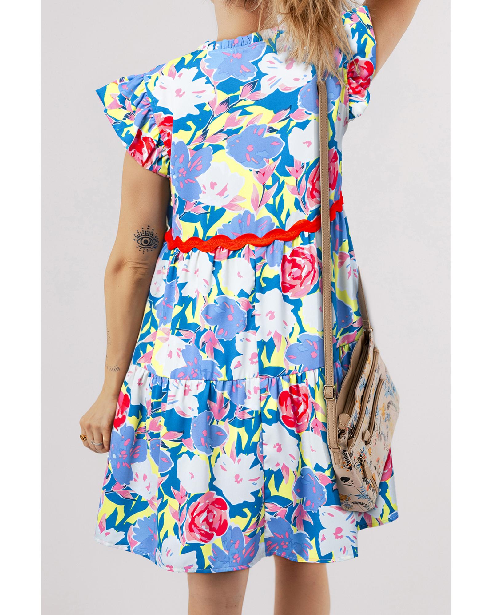 Sky Blue Floral Printed V Notched Ric Rac Flutter Sleeve Dress - S 6