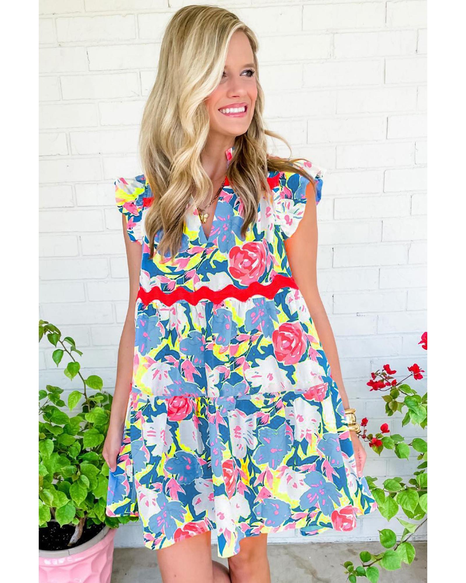 Sky Blue Floral Printed V Notched Ric Rac Flutter Sleeve Dress - XL