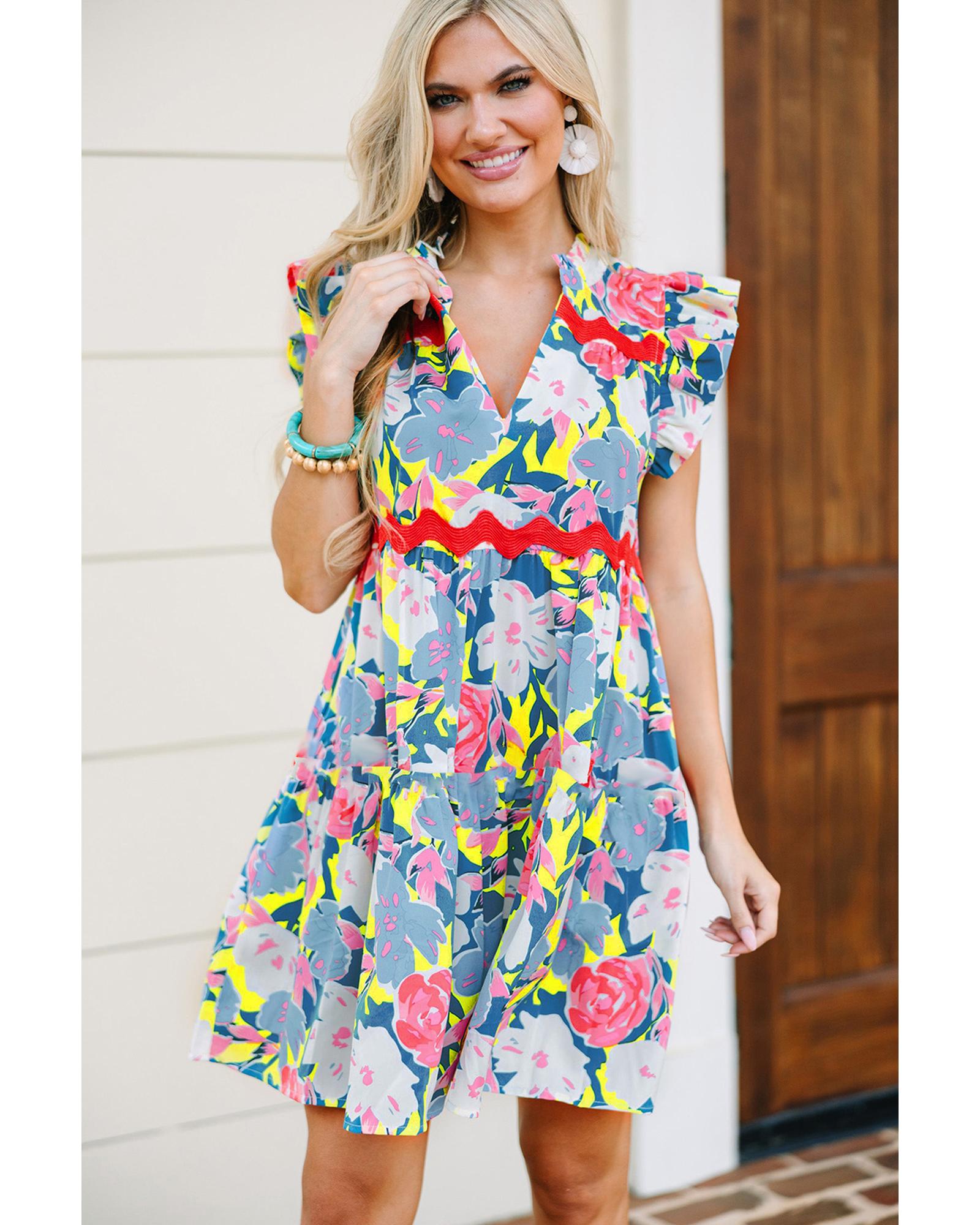 Sky Blue Floral Printed V Notched Ric Rac Flutter Sleeve Dress - XL 3