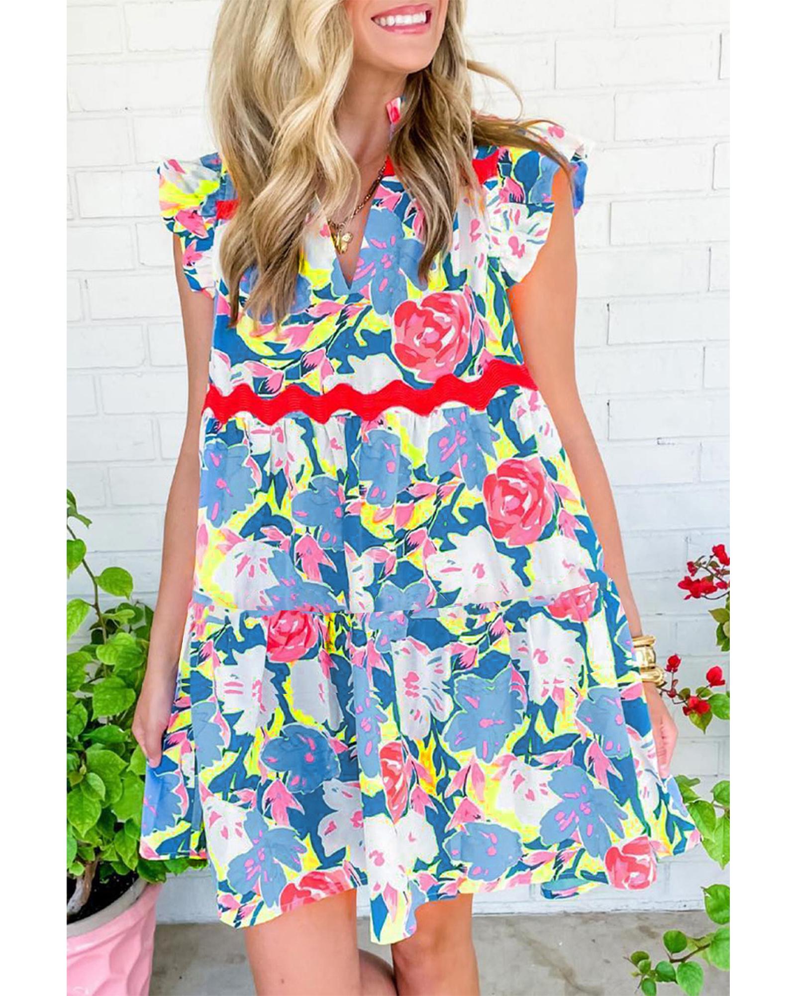 Sky Blue Floral Printed V Notched Ric Rac Flutter Sleeve Dress - XL 4