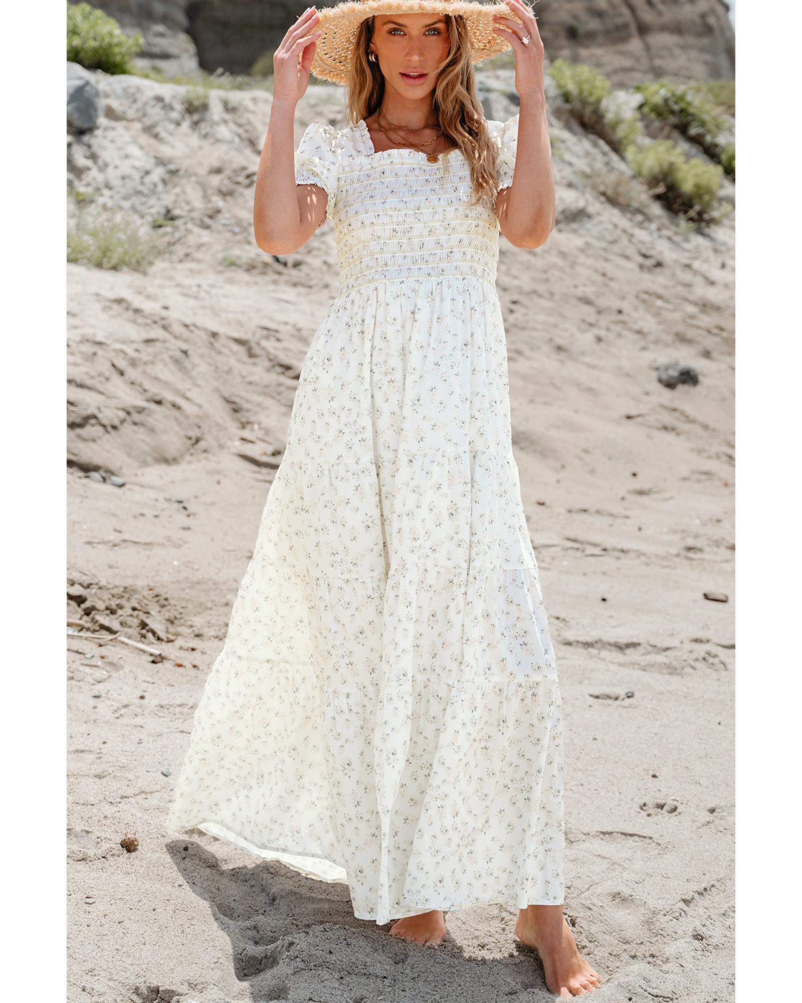White Frilly Shirred Bodice Tiered Floral Maxi Dress - L 7