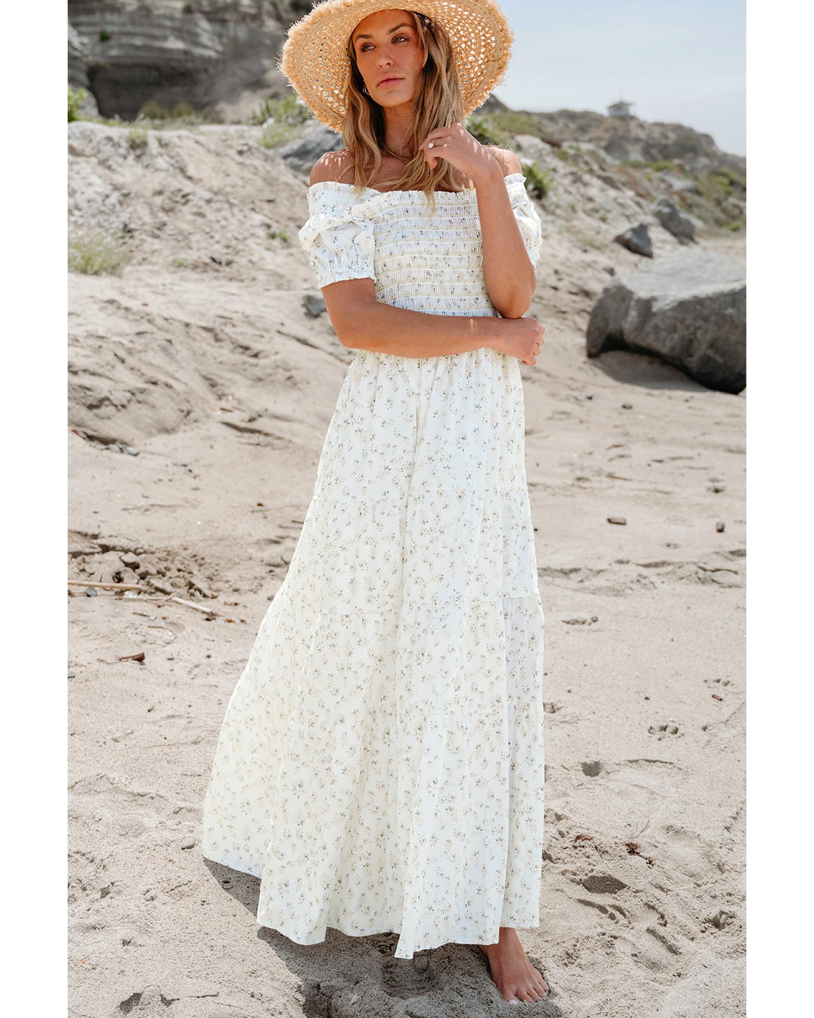 White Frilly Shirred Bodice Tiered Floral Maxi Dress - S 4