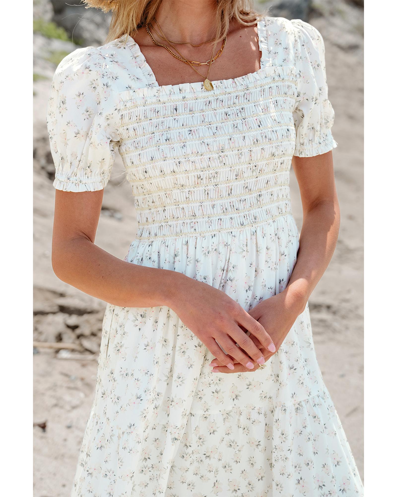 White Frilly Shirred Bodice Tiered Floral Maxi Dress - S 7