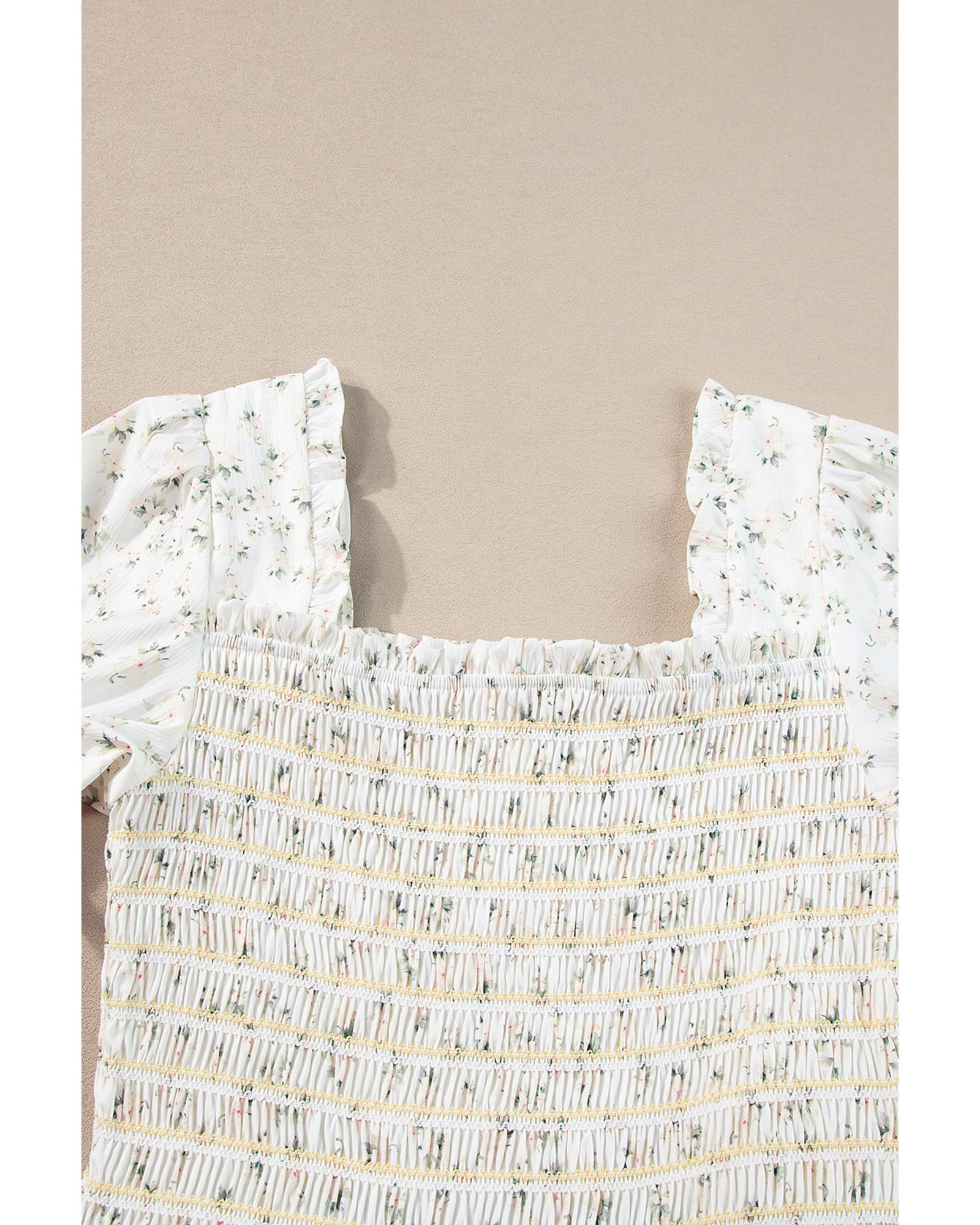 White Frilly Shirred Bodice Tiered Floral Maxi Dress - XL 5