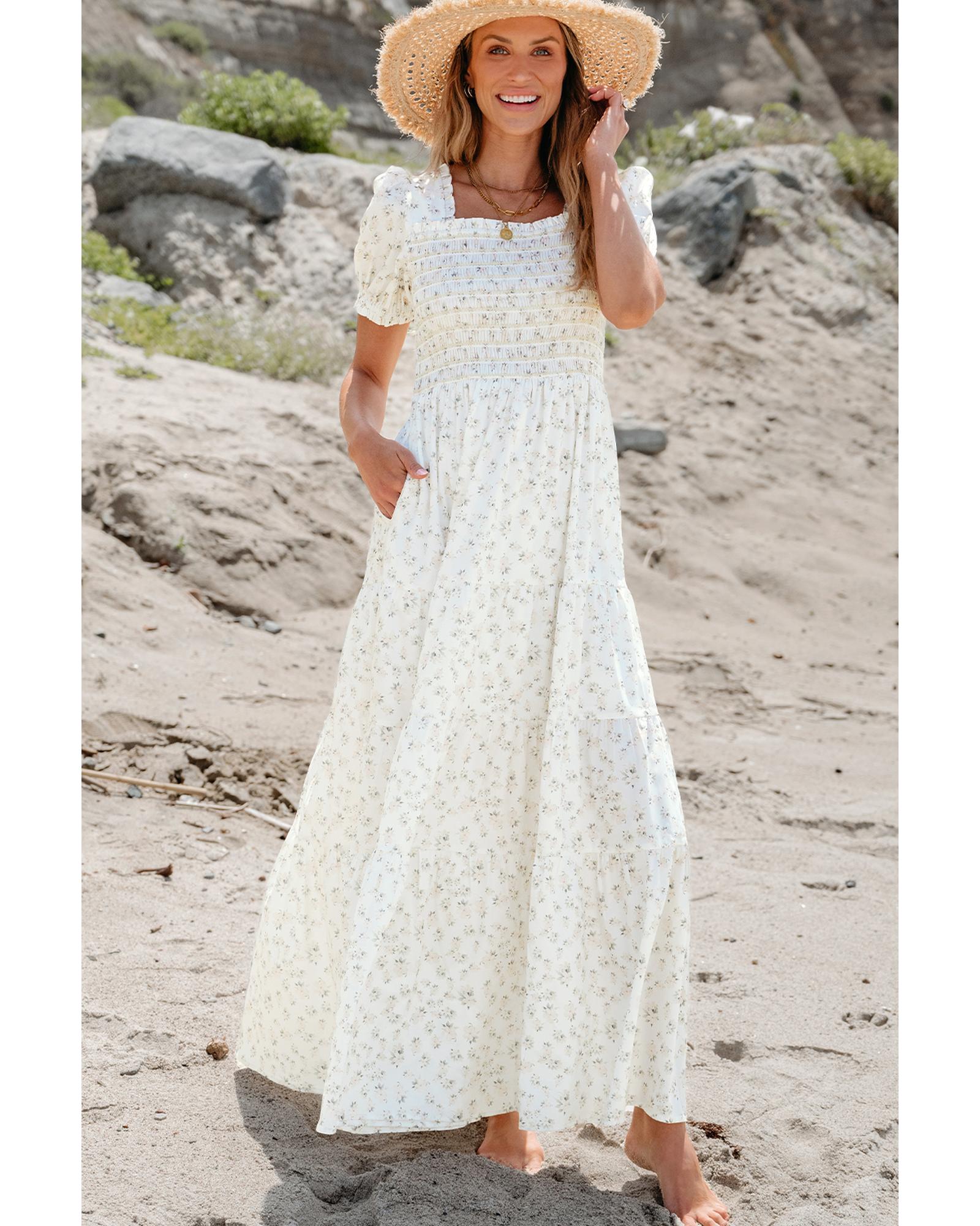 White Frilly Shirred Bodice Tiered Floral Maxi Dress - XL 6
