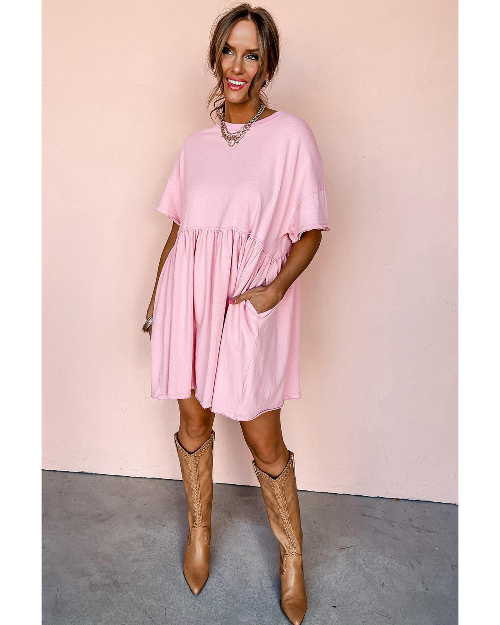 Light Pink Solid Color Pocketed Raw Edge Babydoll Dress - L 4