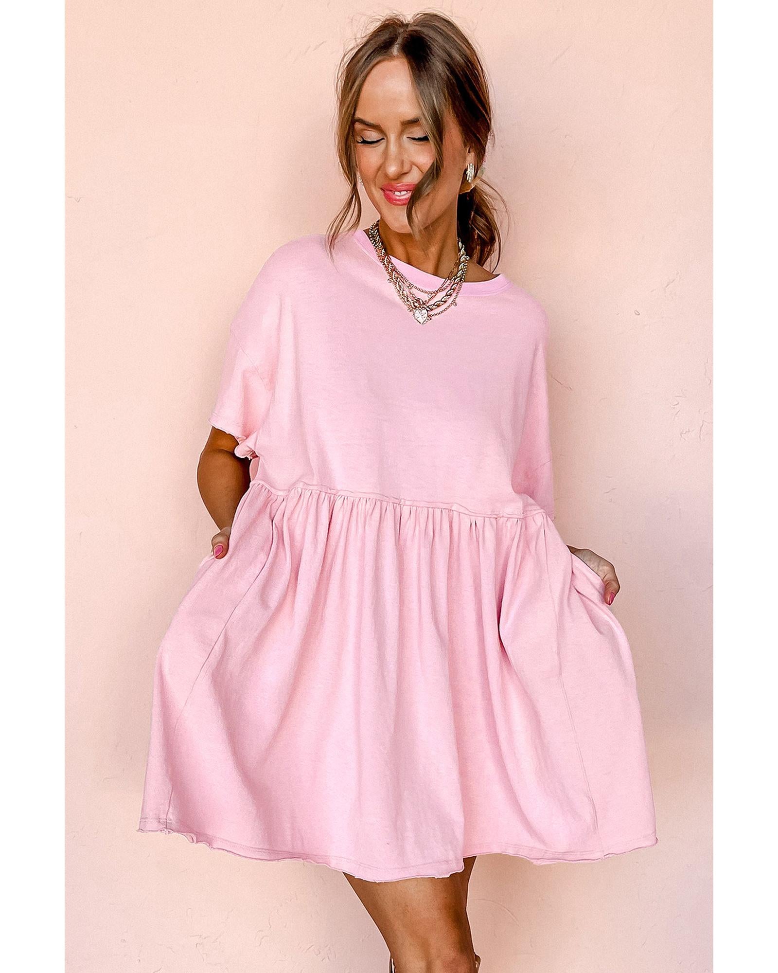 Light Pink Solid Color Pocketed Raw Edge Babydoll Dress - L 6
