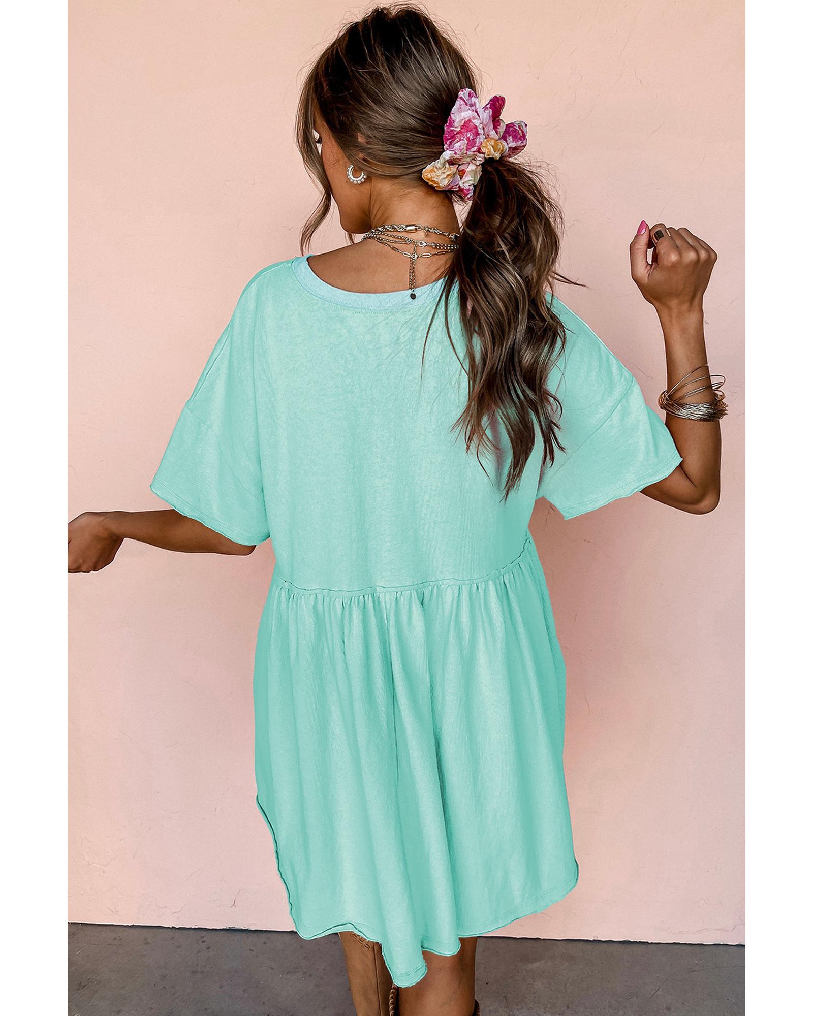 Moonlight Jade Solid Color Pocketed Raw Edge Babydoll Dress - L