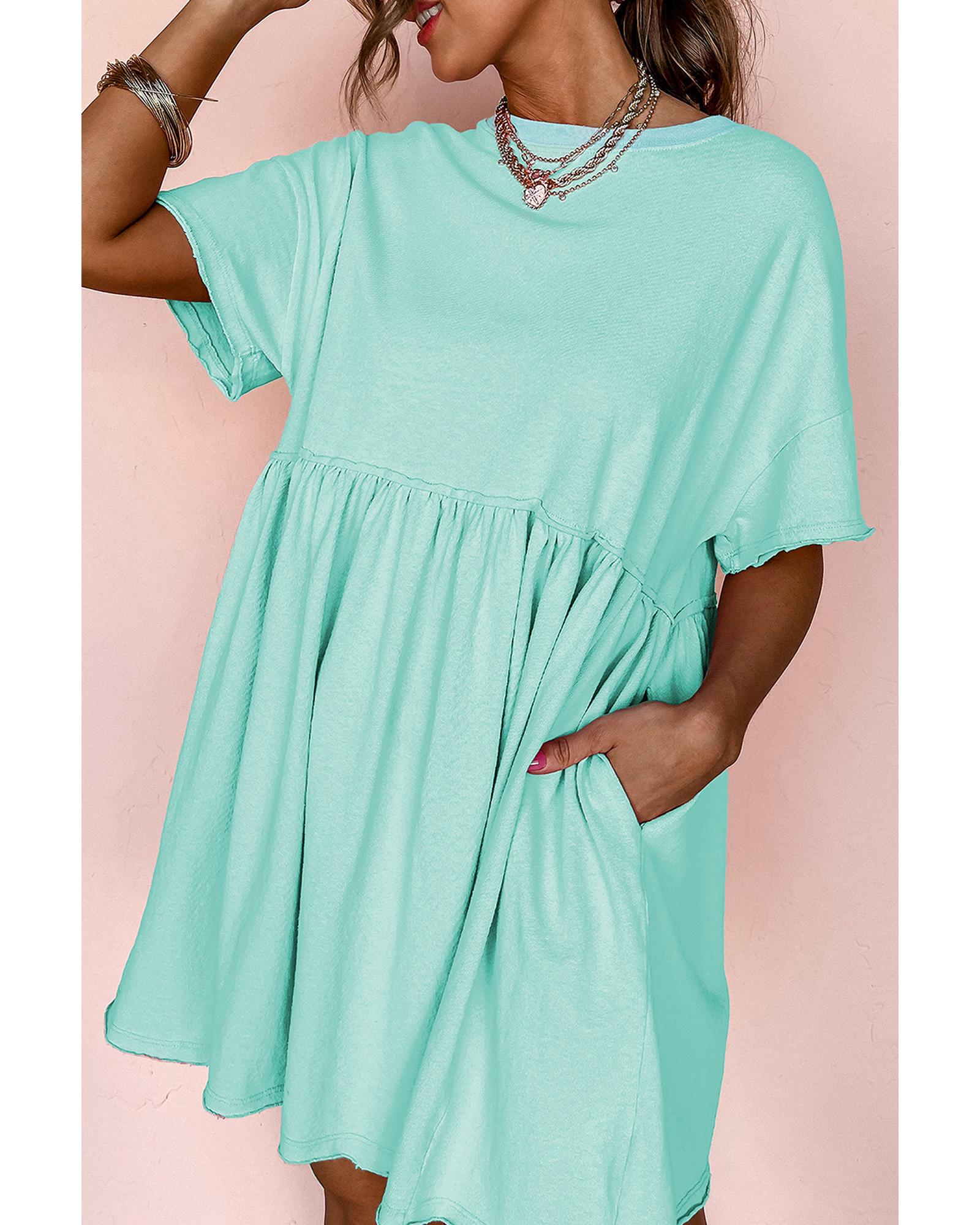 Moonlight Jade Solid Color Pocketed Raw Edge Babydoll Dress - M