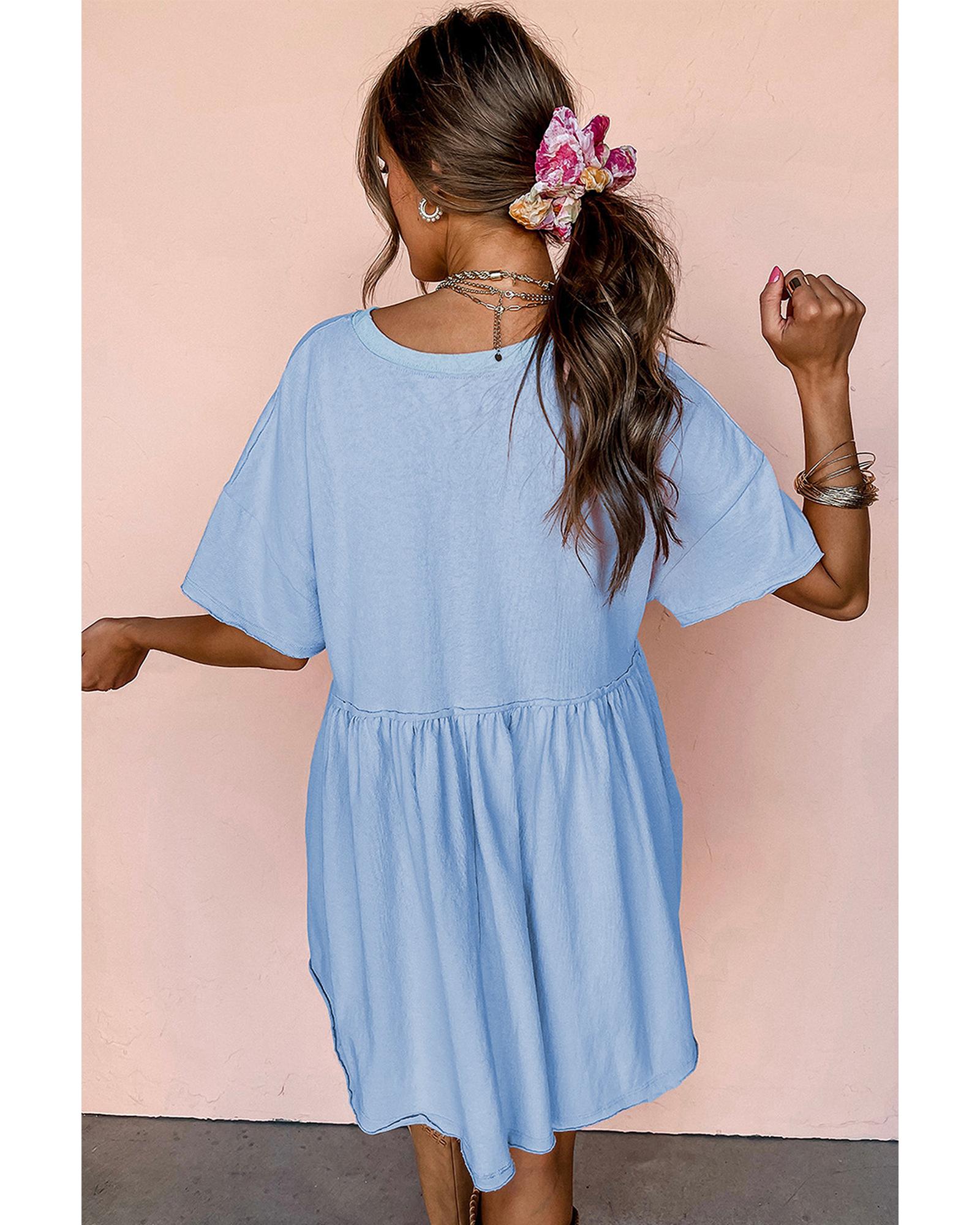 Sky Blue Solid Color Pocketed Raw Edge Babydoll Dress - L