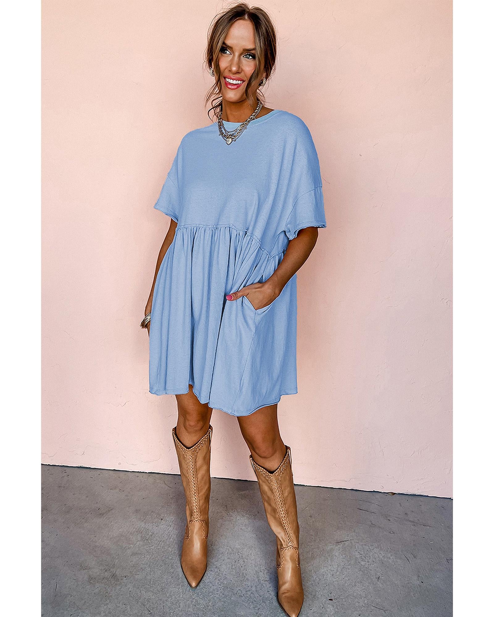 Sky Blue Solid Color Pocketed Raw Edge Babydoll Dress - M 7