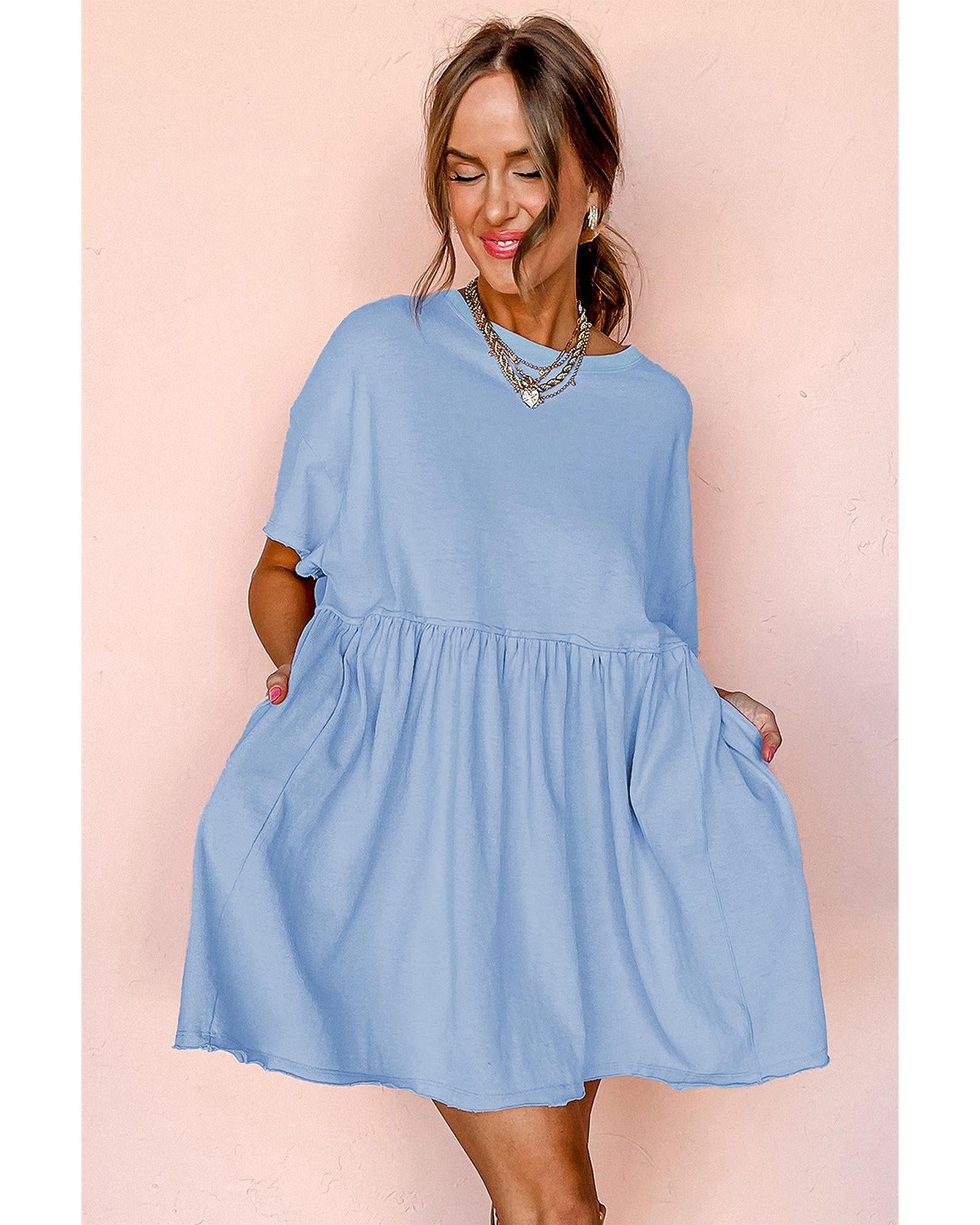 Sky Blue Solid Color Pocketed Raw Edge Babydoll Dress - S 5