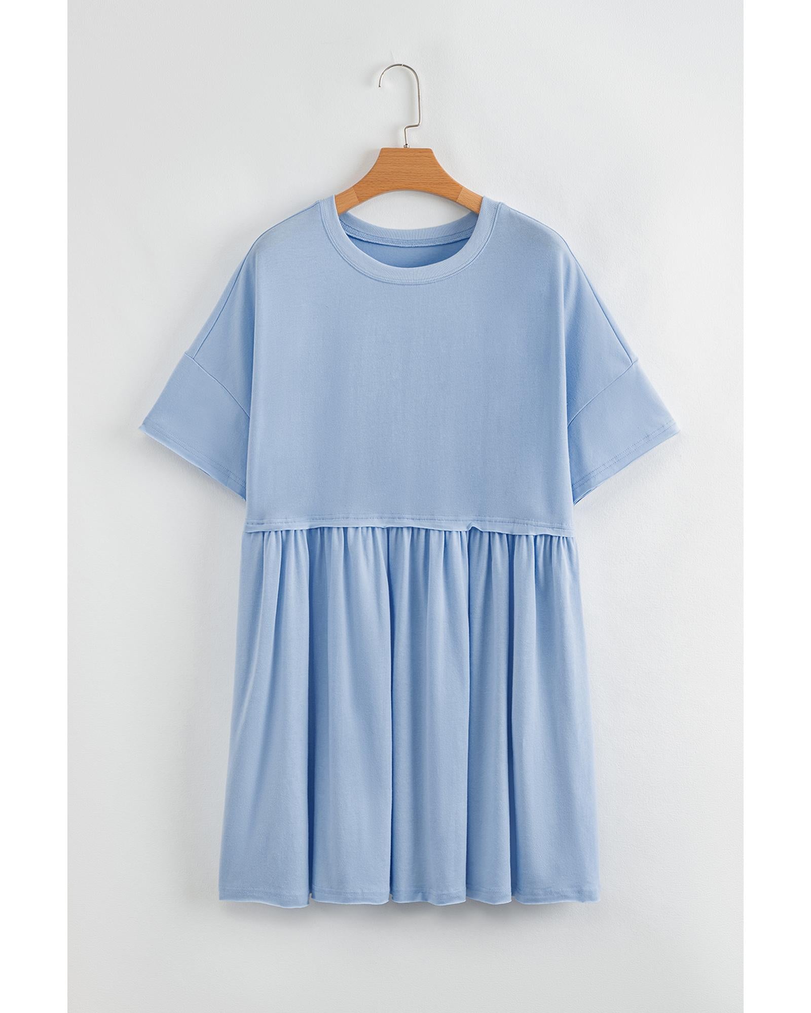 Sky Blue Solid Color Pocketed Raw Edge Babydoll Dress - S 8