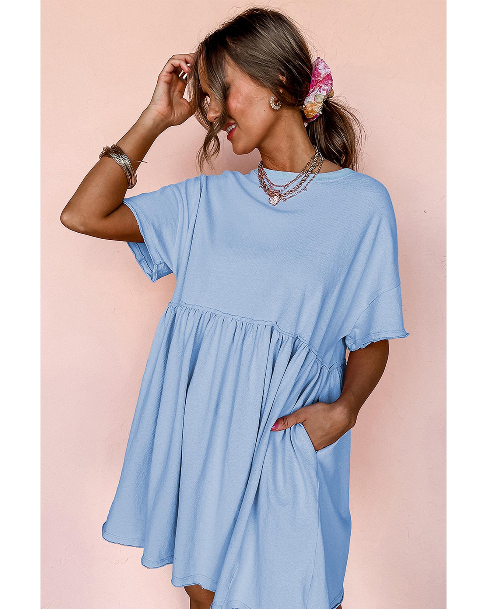 Sky Blue Solid Color Pocketed Raw Edge Babydoll Dress - XL 3