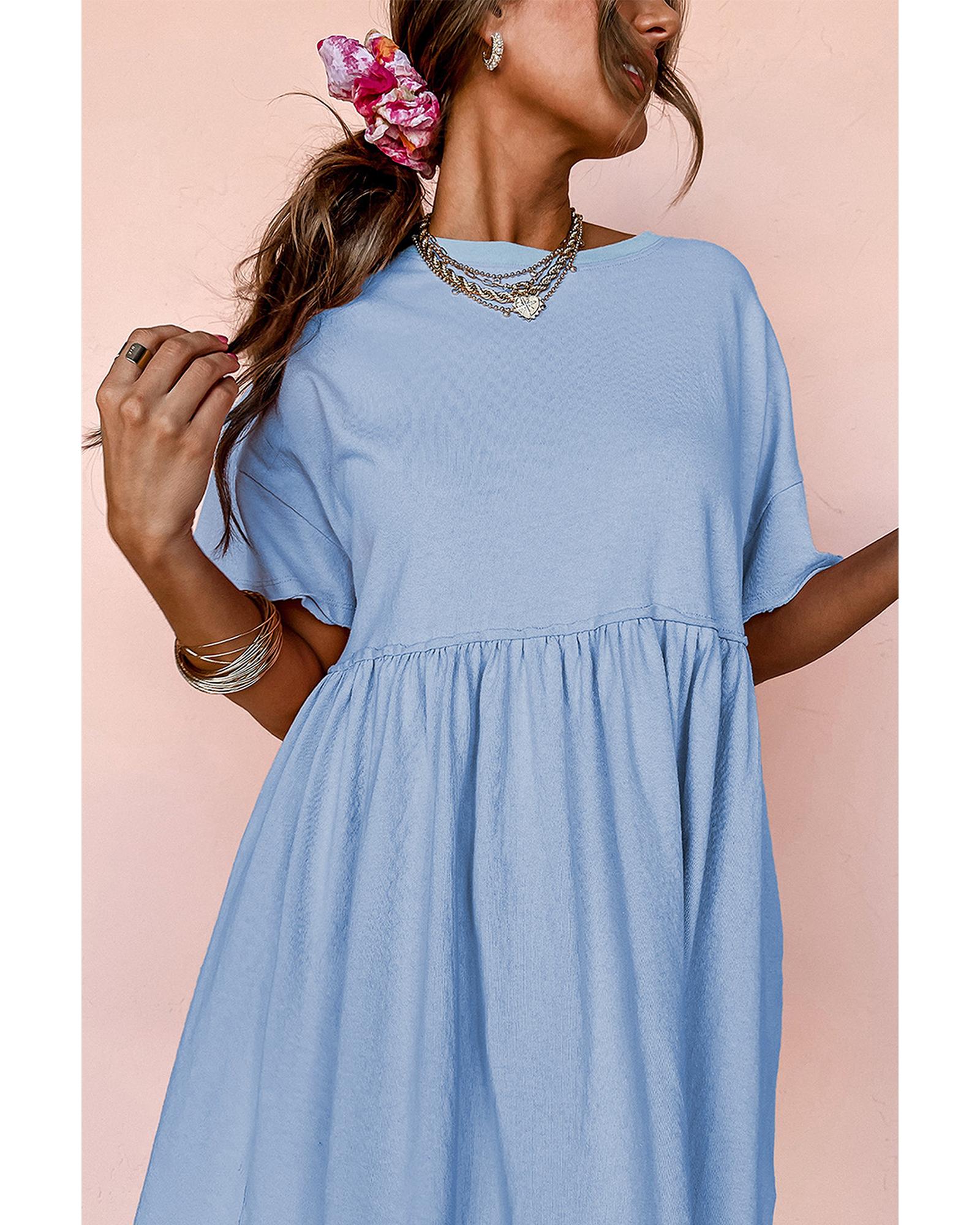 Sky Blue Solid Color Pocketed Raw Edge Babydoll Dress - XL 4