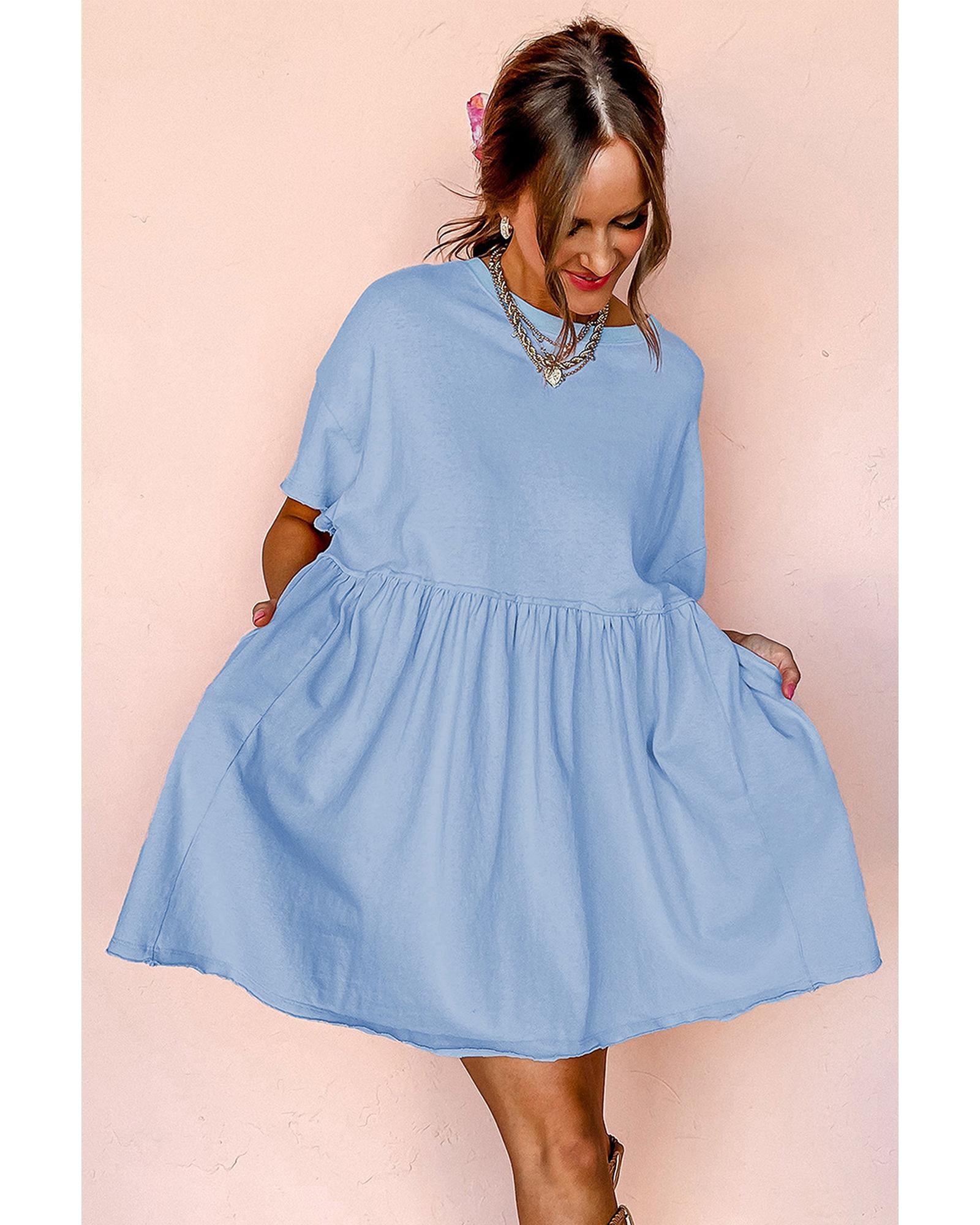 Sky Blue Solid Color Pocketed Raw Edge Babydoll Dress - XL 6