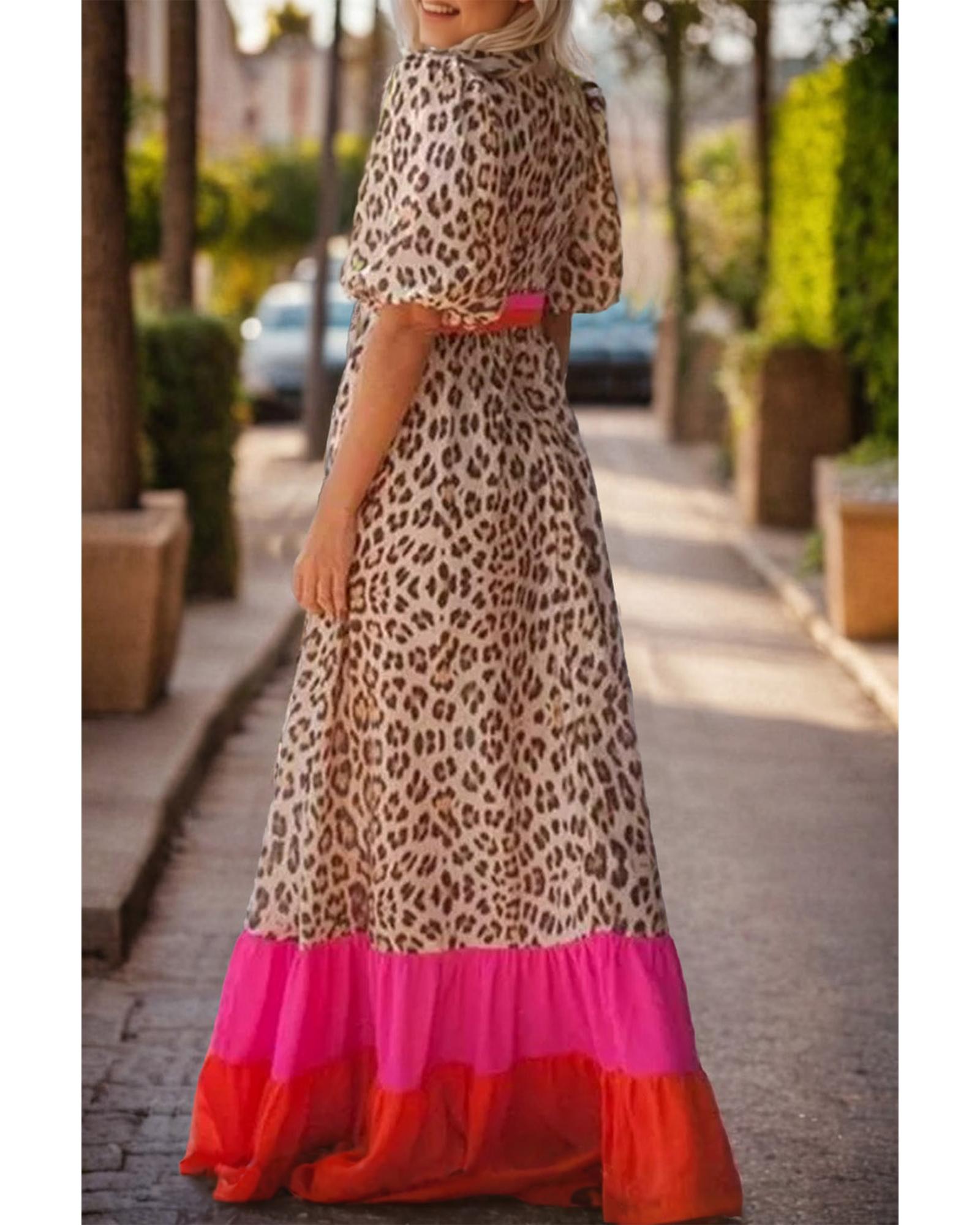 Bright Pink Leopard Colorblock Patchwork Bubble Sleeve Maxi Dress - M 6