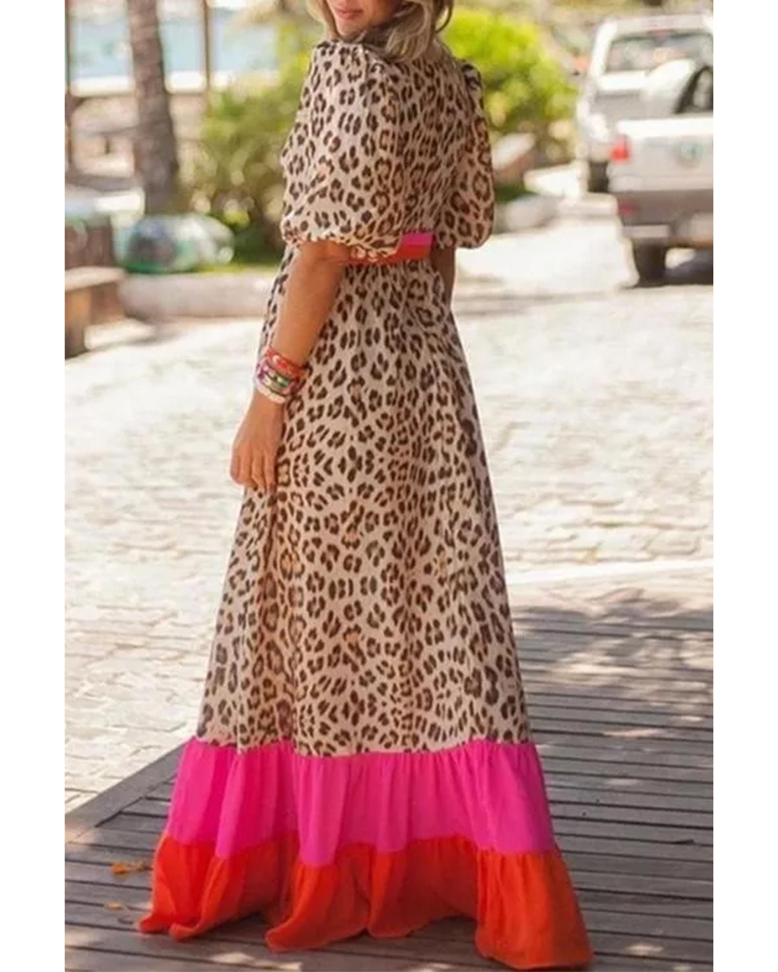 Bright Pink Leopard Colorblock Patchwork Bubble Sleeve Maxi Dress - S 4