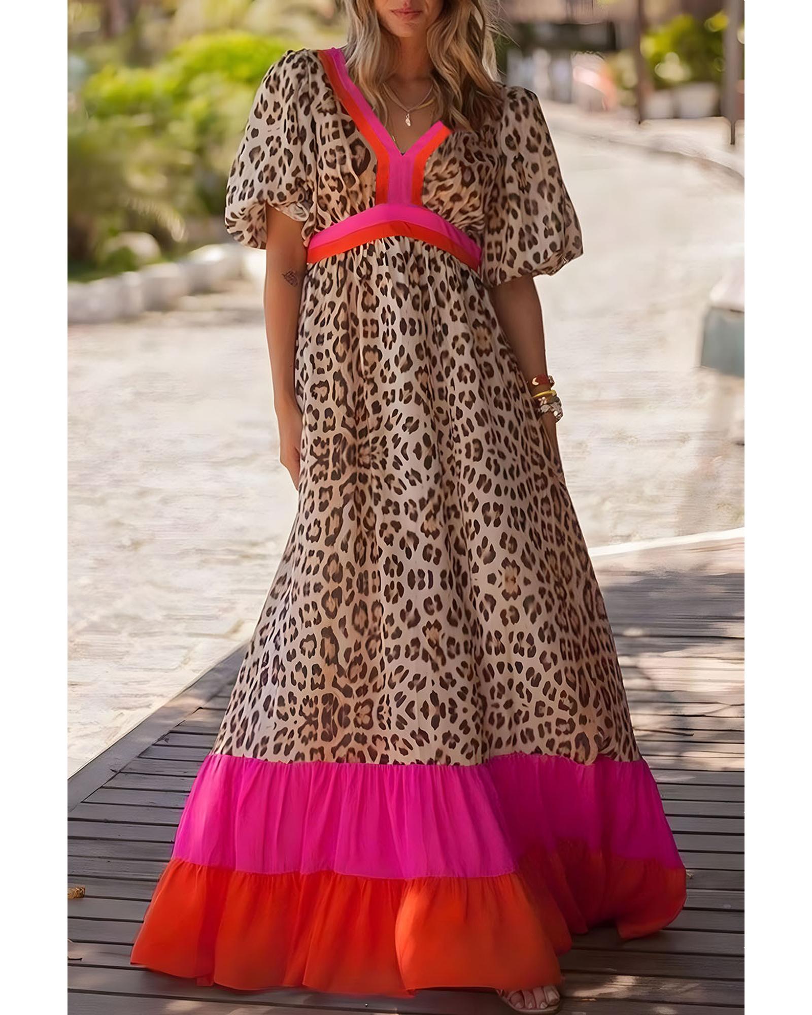 Bright Pink Leopard Colorblock Patchwork Bubble Sleeve Maxi Dress - S 6