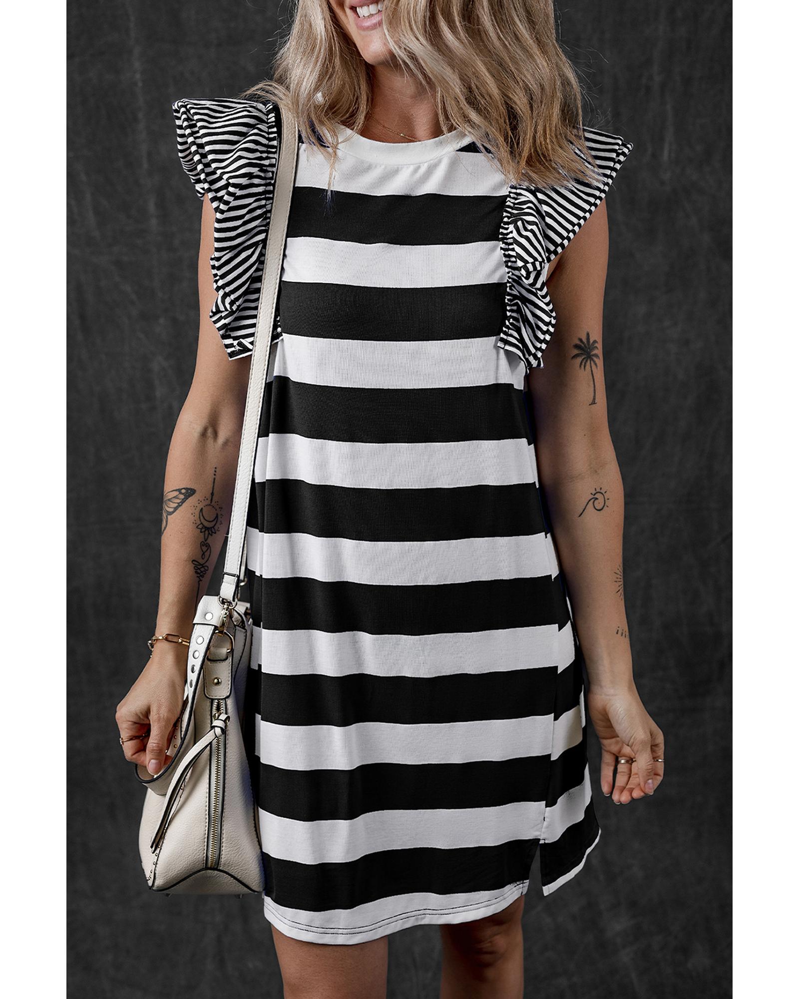 Black Stripe Contrast Ruffled Sleeve T-shirt Dress - S 3
