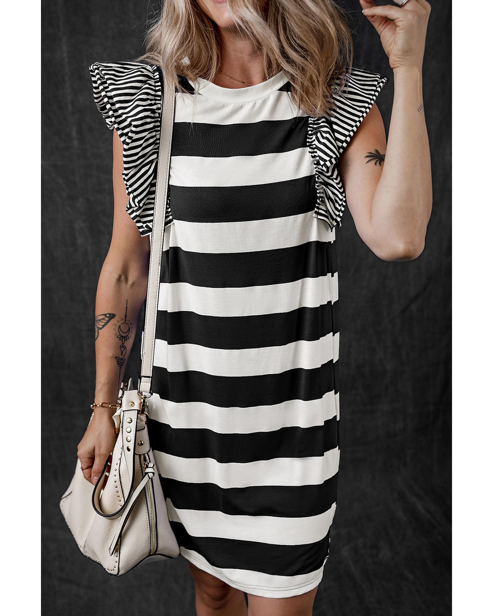 Black Stripe Contrast Ruffled Sleeve T-shirt Dress - S 4