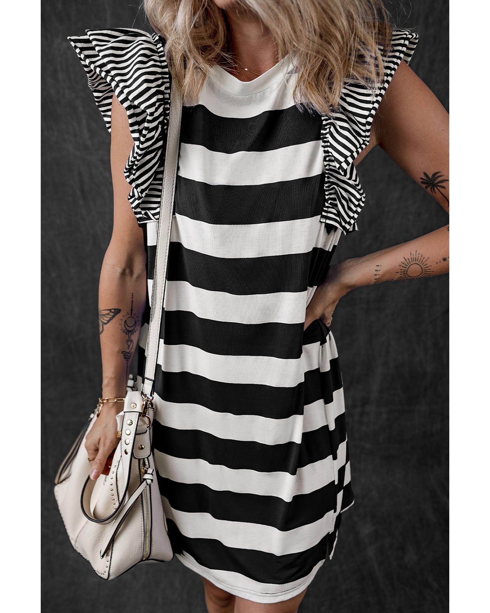 Black Stripe Contrast Ruffled Sleeve T-shirt Dress - S 5