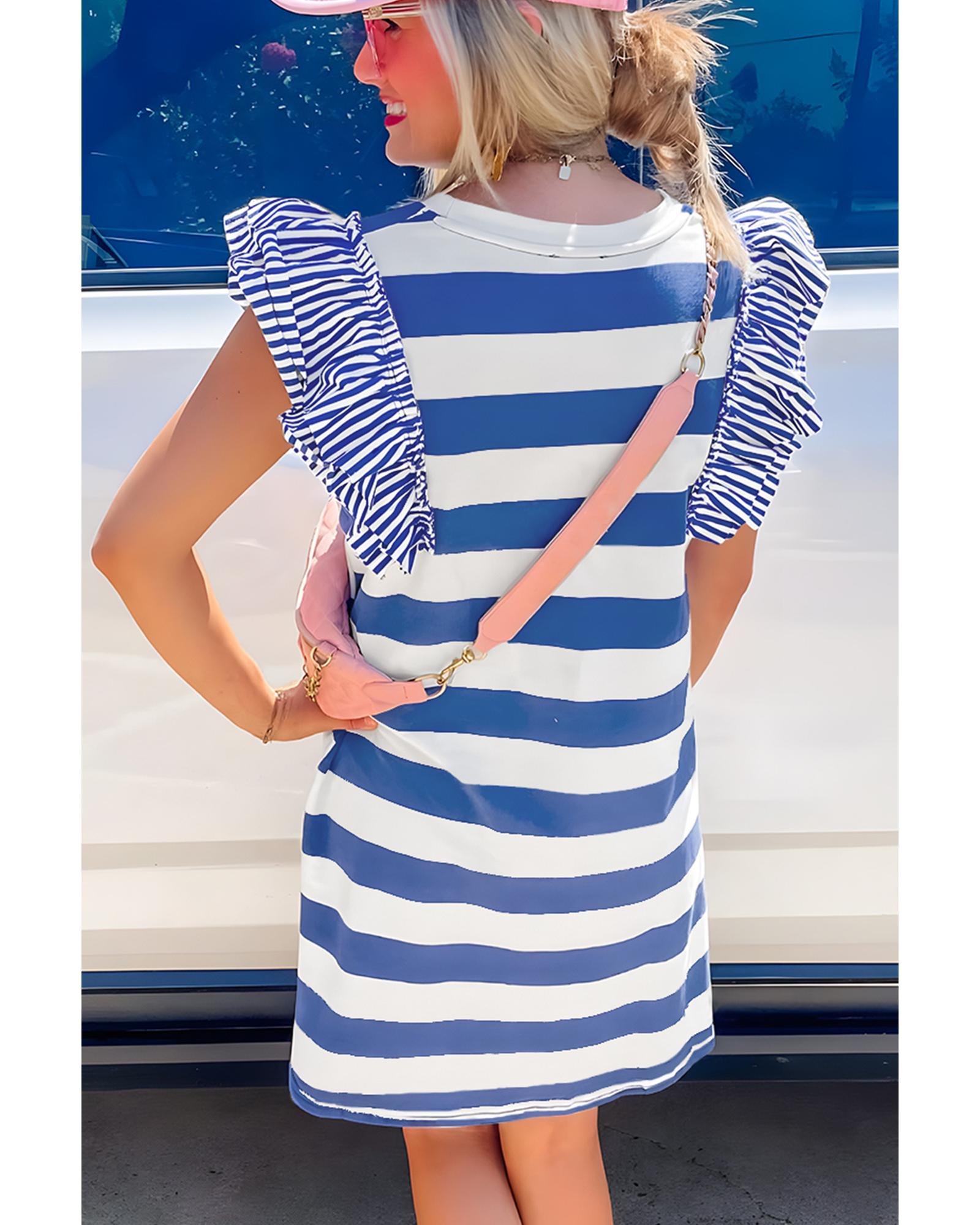 Sky Blue Stripe Contrast Ruffled Sleeve T-shirt Dress - S 3