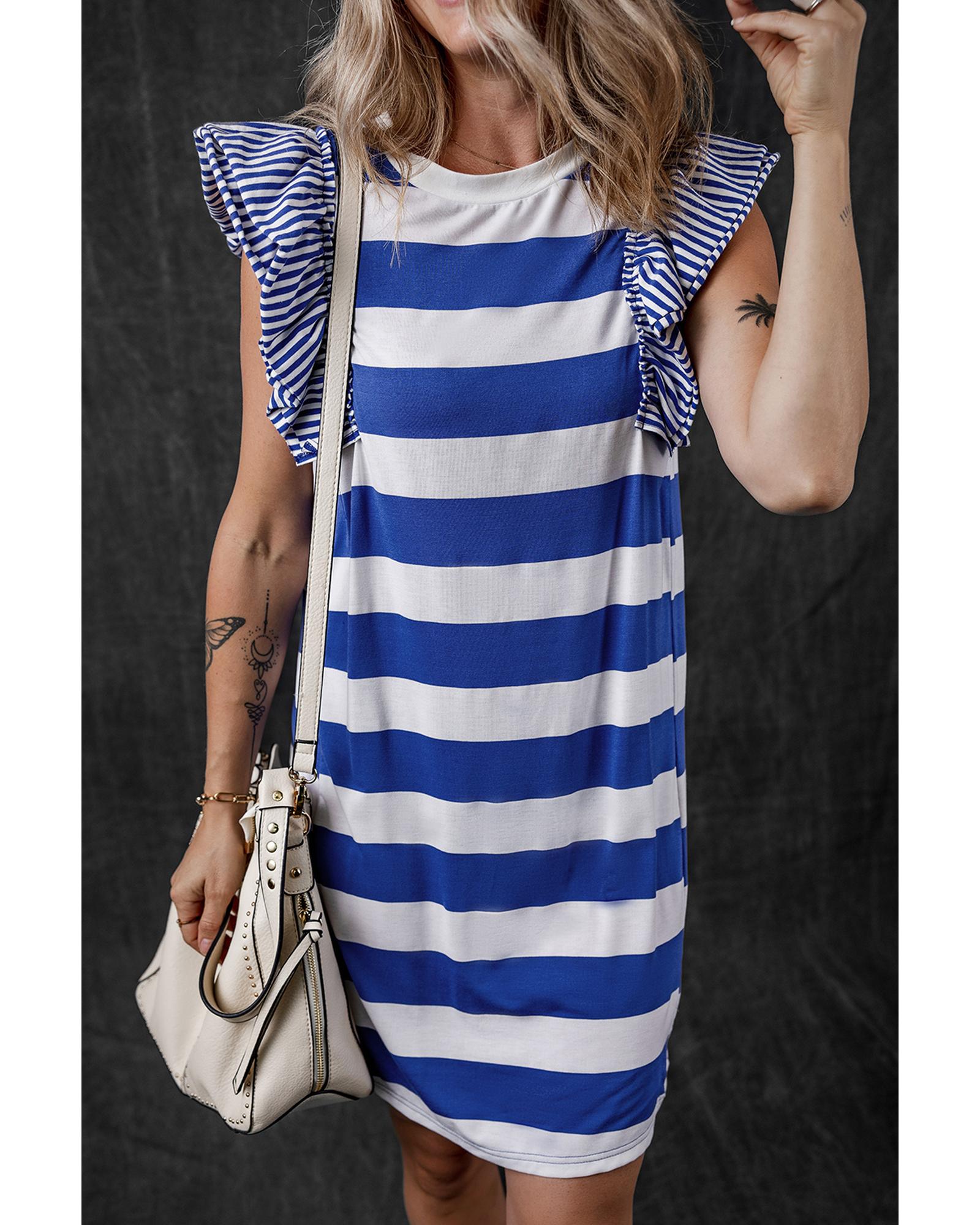 Sky Blue Stripe Contrast Ruffled Sleeve T-shirt Dress - S 5