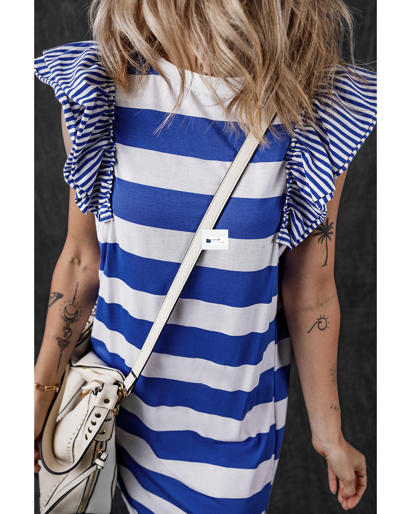 Sky Blue Stripe Contrast Ruffled Sleeve T-shirt Dress - S 7