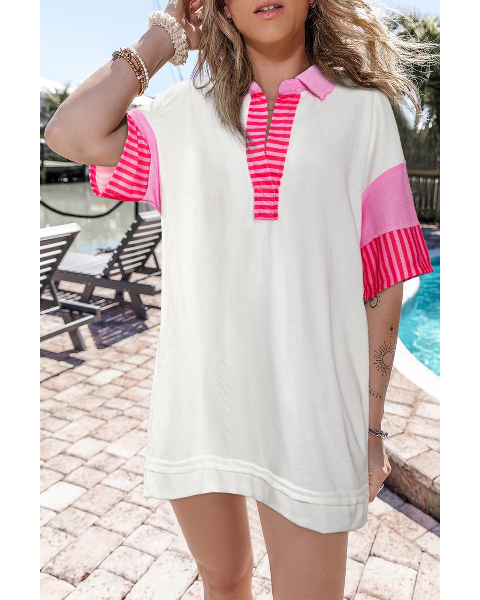 White Stripe Colorblock Patchwork Short Sleeve T Shirt Dress - L 7