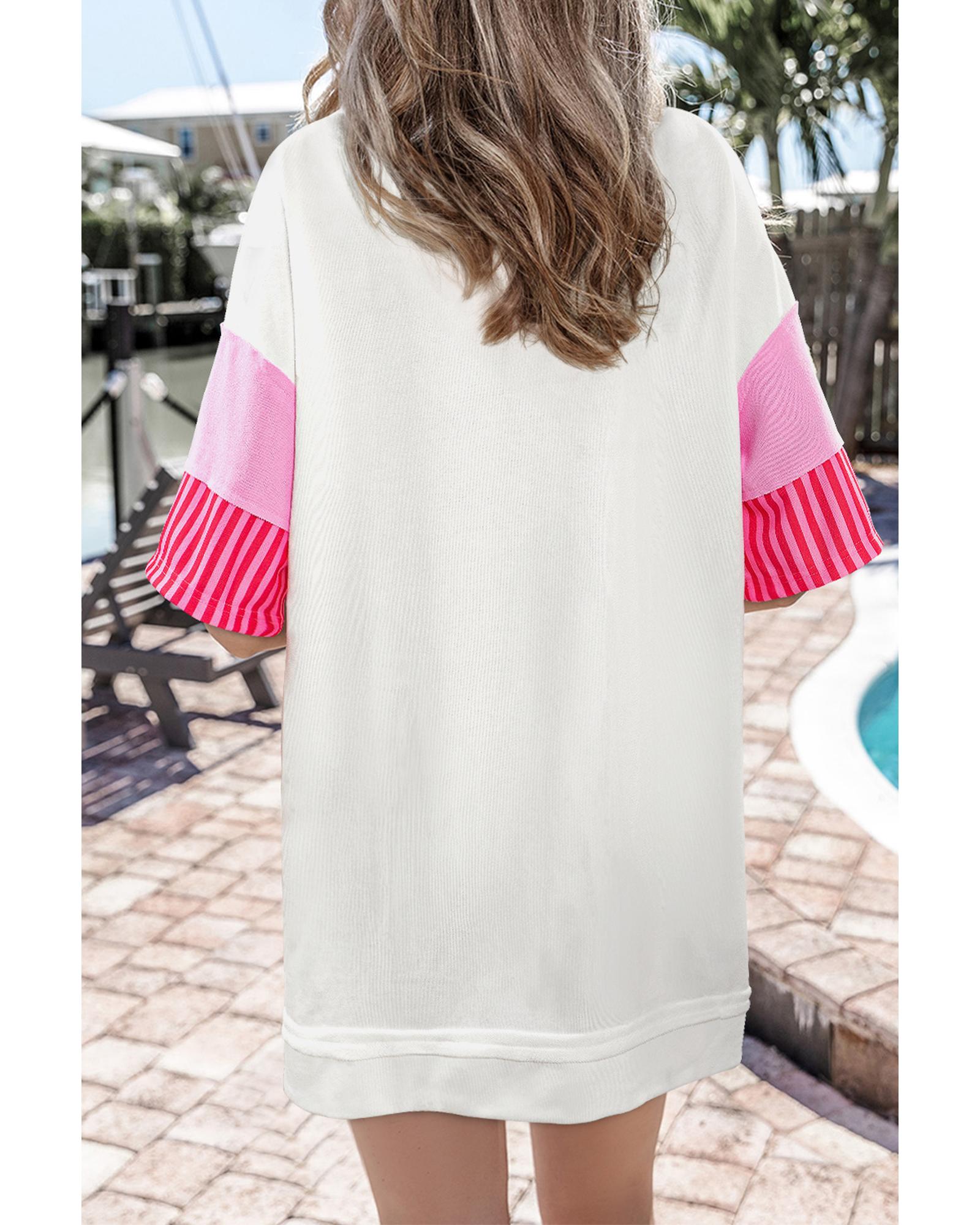 White Stripe Colorblock Patchwork Short Sleeve T Shirt Dress - S