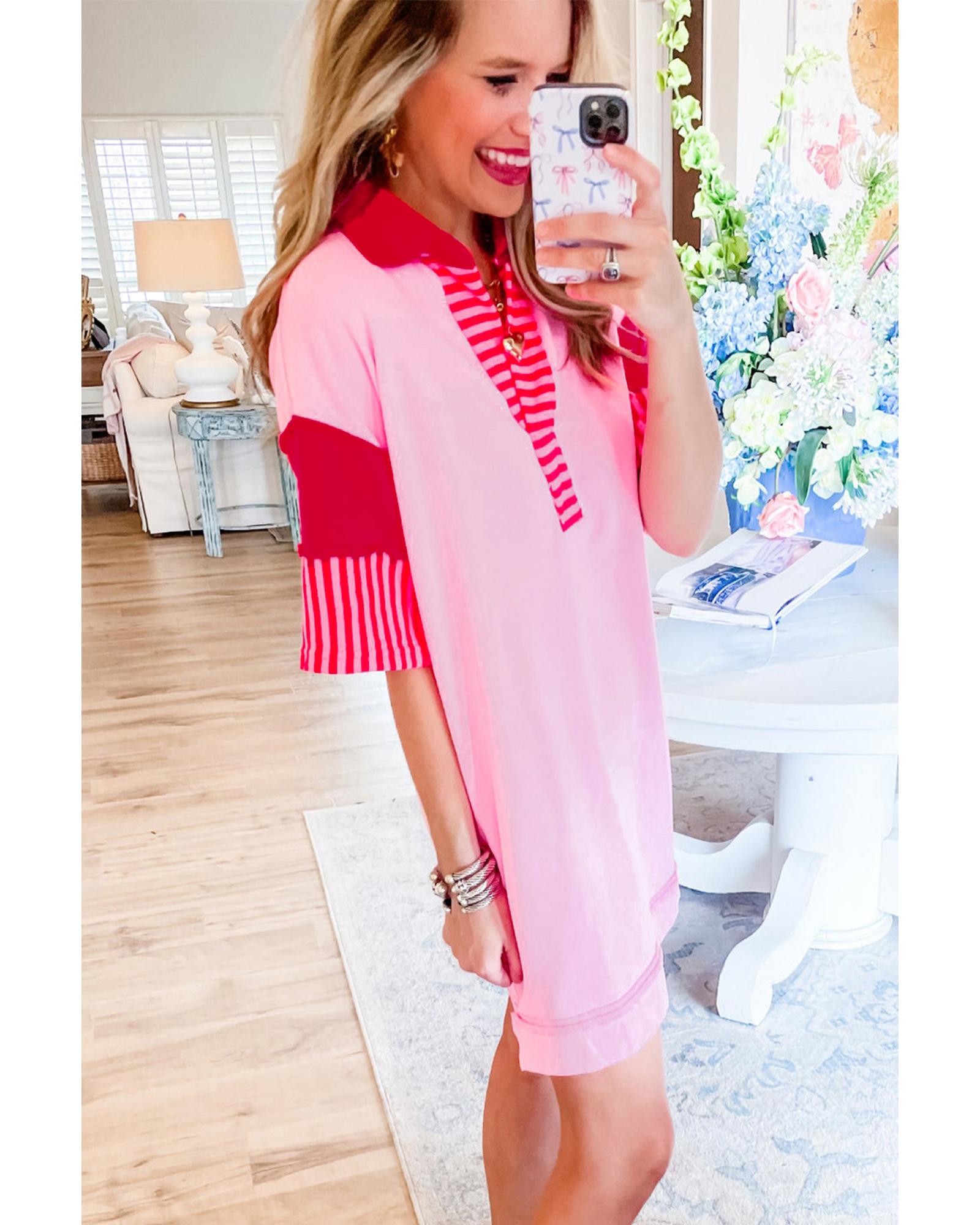 Pink Stripe Colorblock Patchwork Short Sleeve T Shirt Dress - L