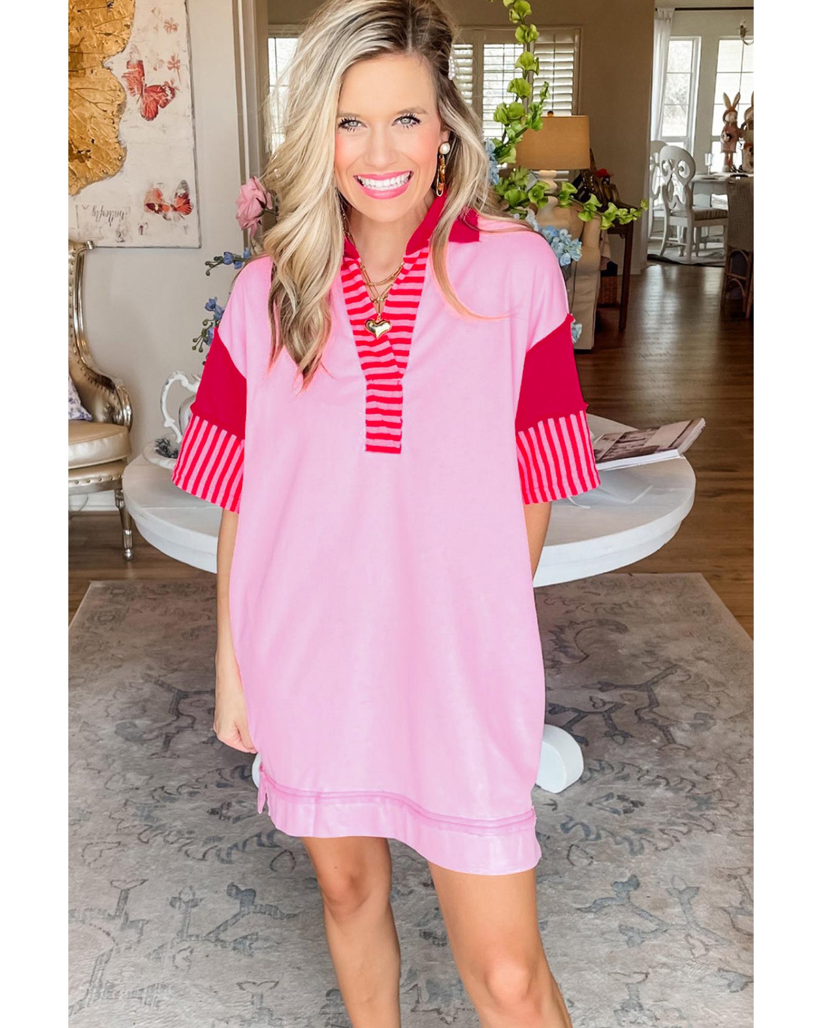 Pink Stripe Colorblock Patchwork Short Sleeve T Shirt Dress - L 4
