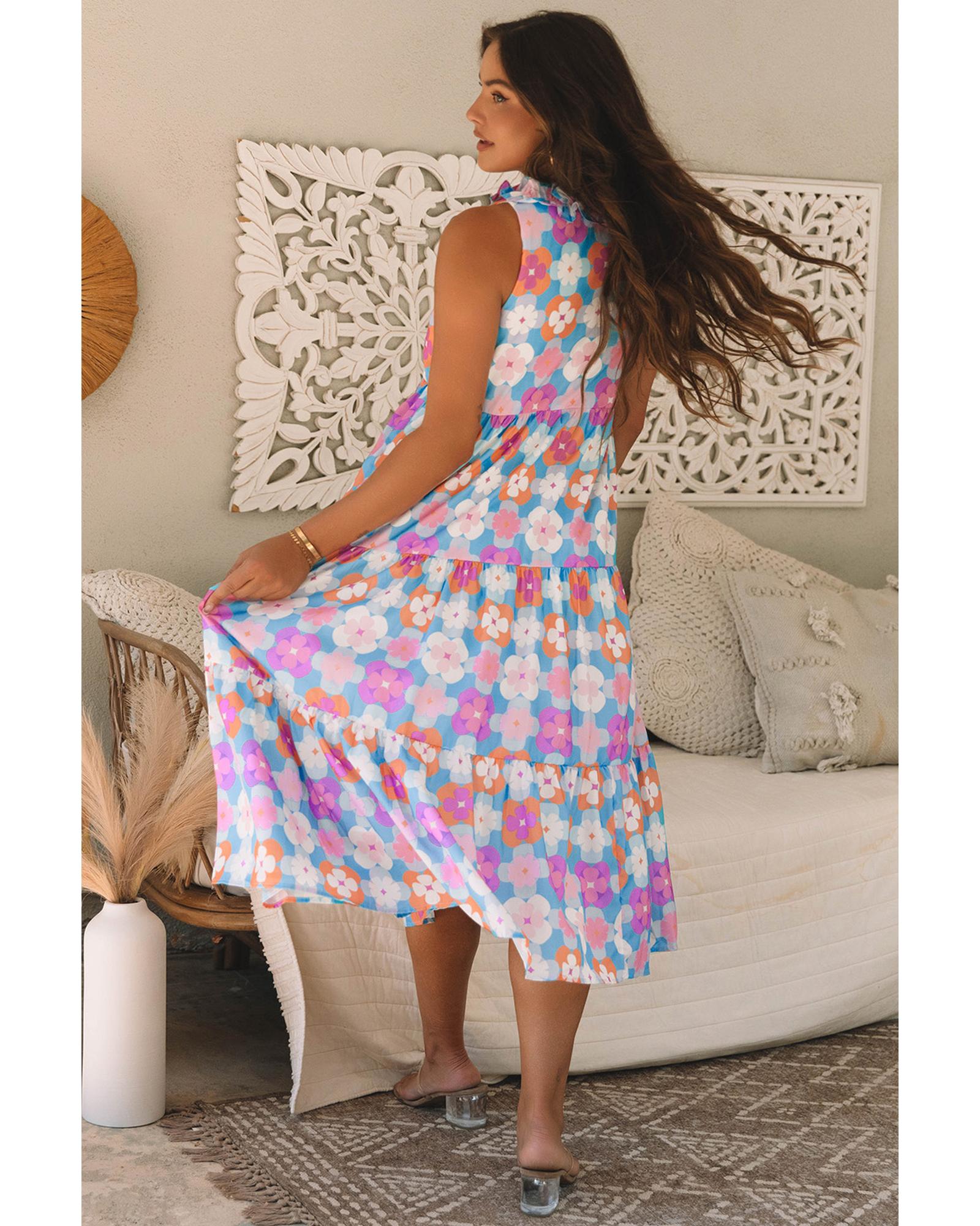 Sky Blue Floral Print Frilly Neck Sleeveless Tiered Maxi Dress - L 4