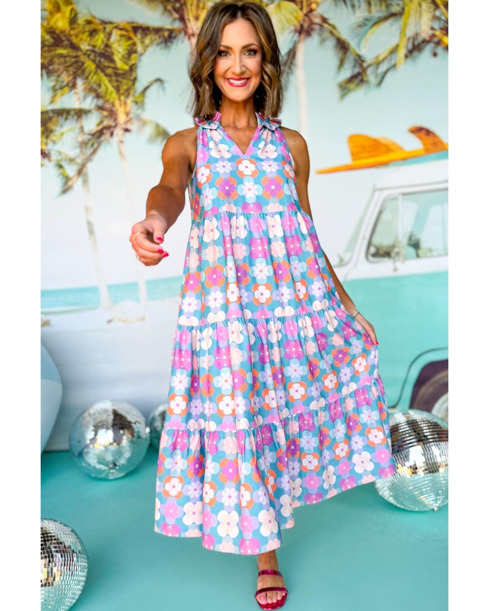 Sky Blue Floral Print Frilly Neck Sleeveless Tiered Maxi Dress - L 5