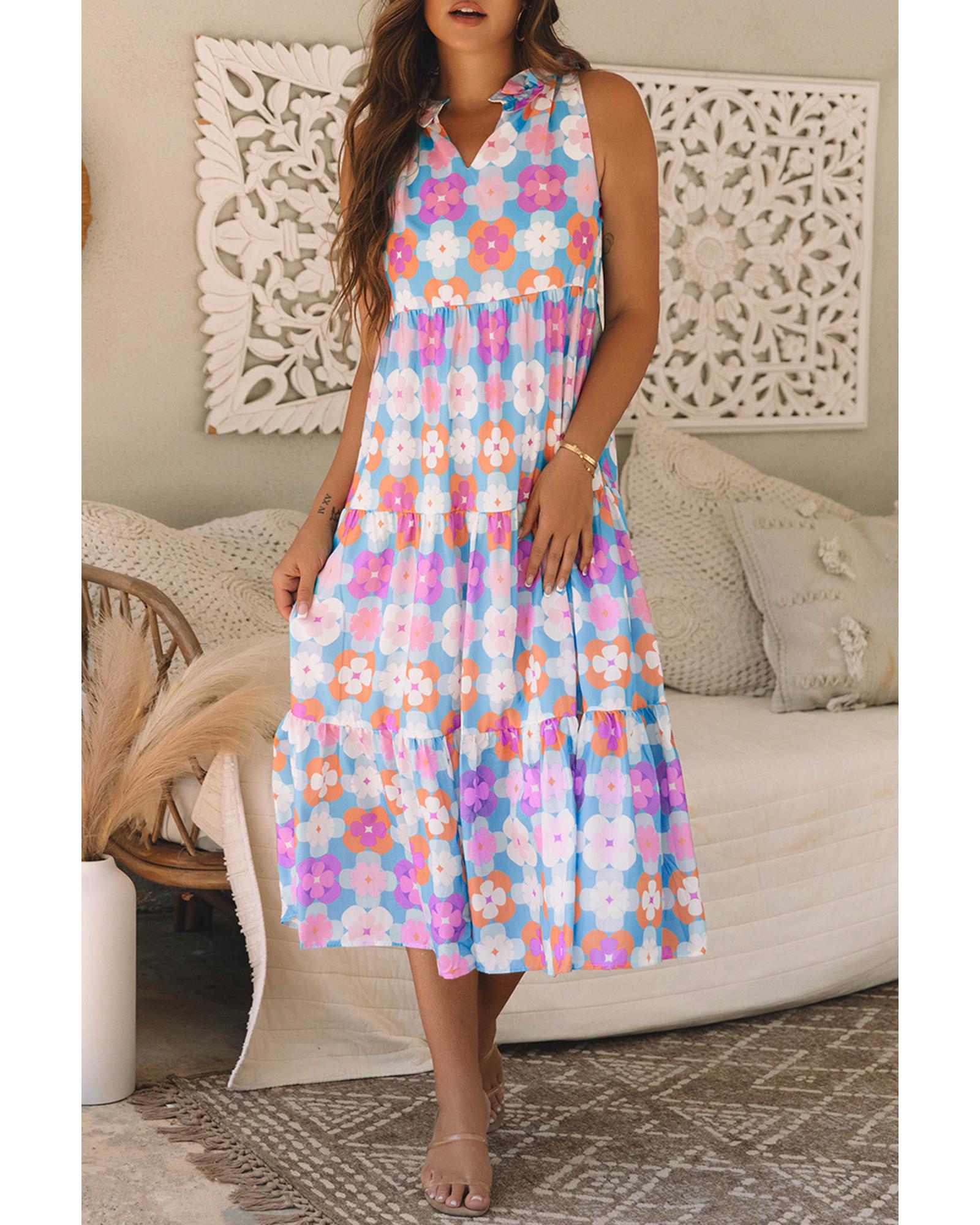 Sky Blue Floral Print Frilly Neck Sleeveless Tiered Maxi Dress - L 8