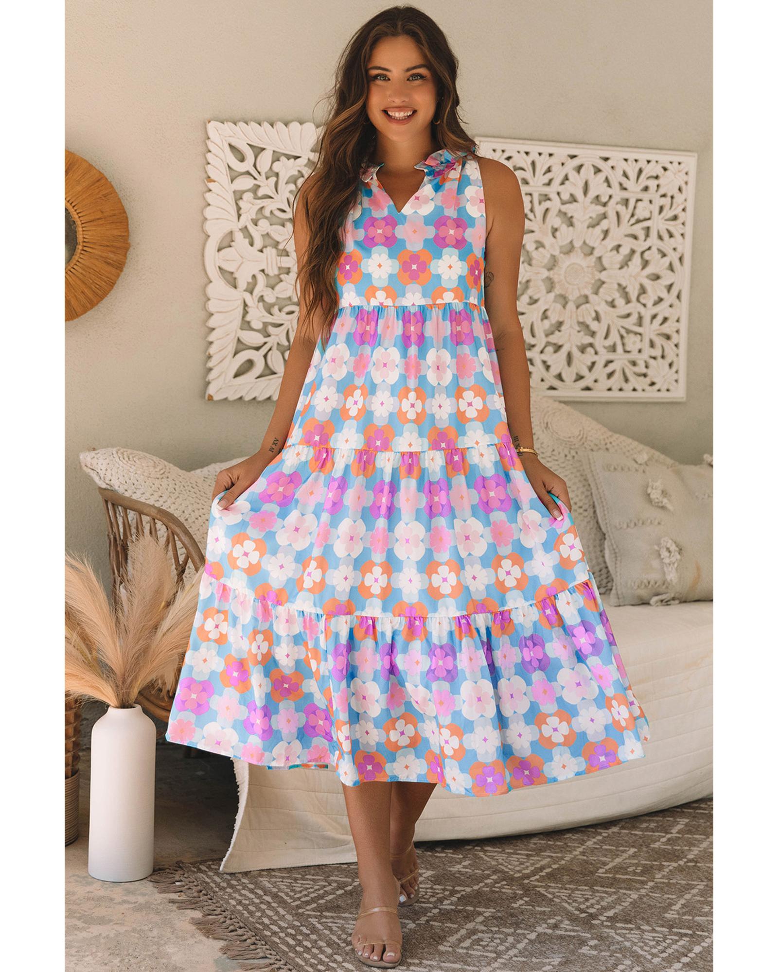 Sky Blue Floral Print Frilly Neck Sleeveless Tiered Maxi Dress - M 3