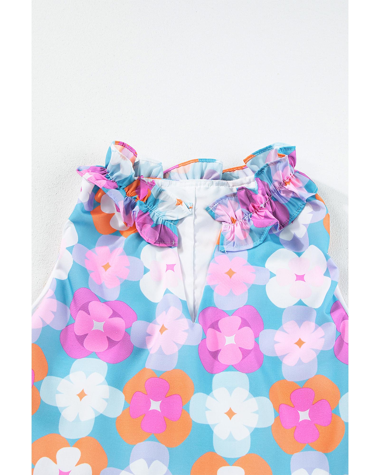 Sky Blue Floral Print Frilly Neck Sleeveless Tiered Maxi Dress - XL 6