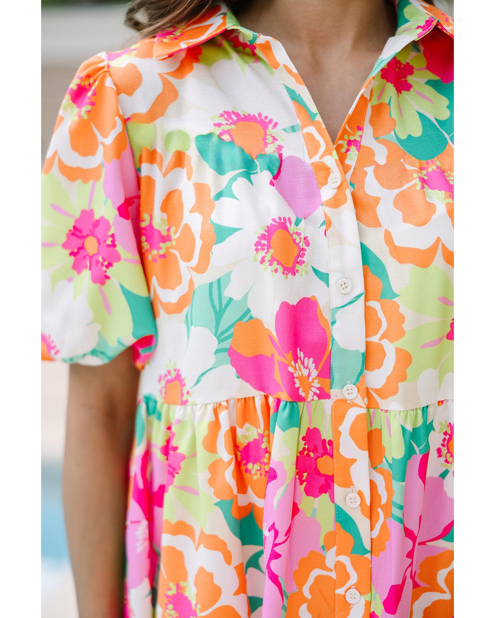 Pink Floral Puff Sleeve Collar Buttoned Babydoll Dress - L 7