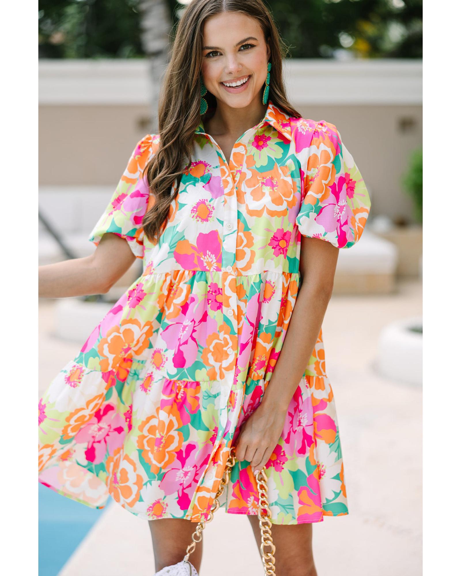 Pink Floral Puff Sleeve Collar Buttoned Babydoll Dress - L