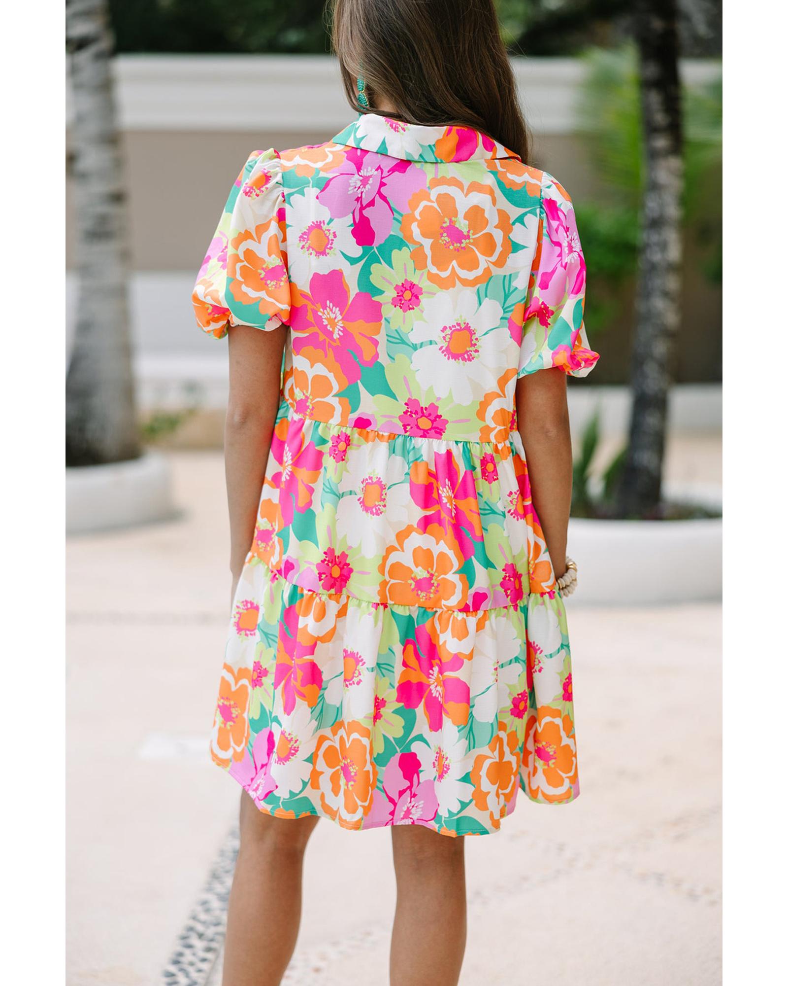 Pink Floral Puff Sleeve Collar Buttoned Babydoll Dress - L