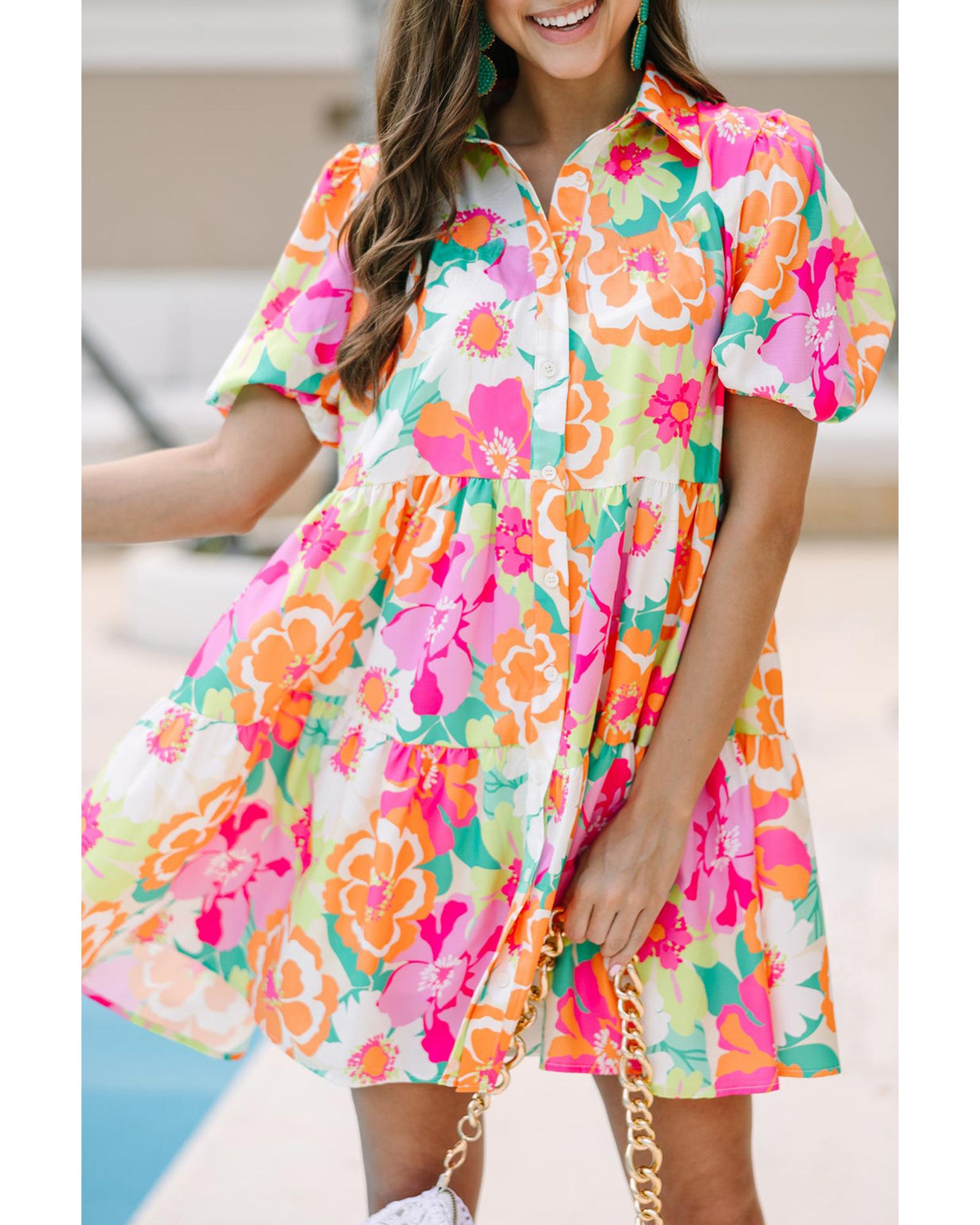 Pink Floral Puff Sleeve Collar Buttoned Babydoll Dress - L 3