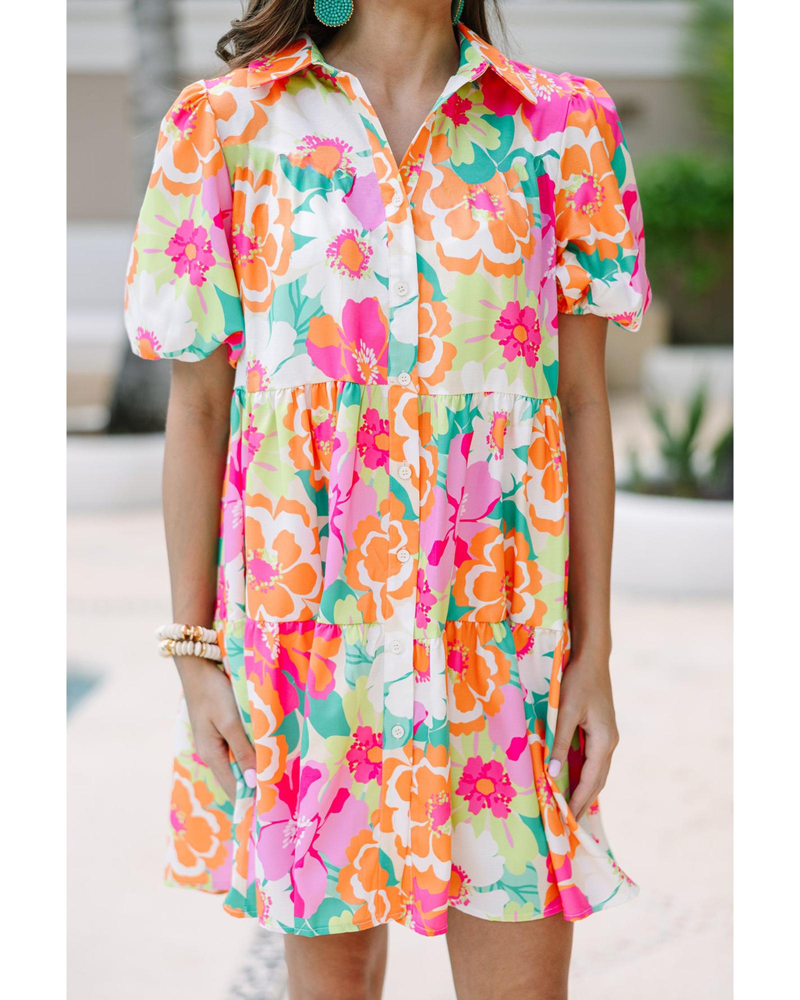 Pink Floral Puff Sleeve Collar Buttoned Babydoll Dress - L 4