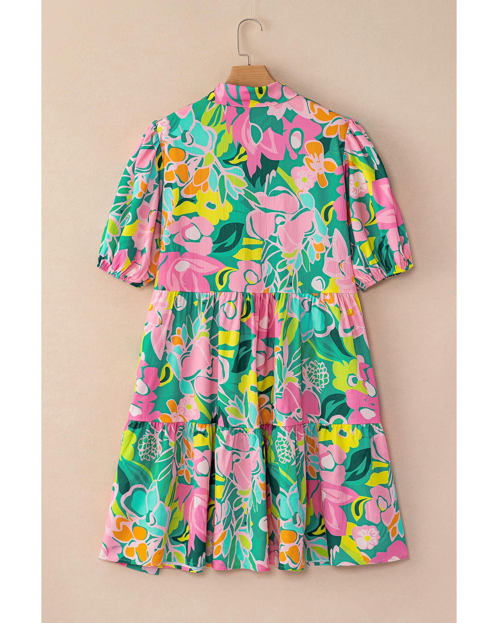 Green Floral Puff Sleeve Collar Buttoned Babydoll Dress - L 8