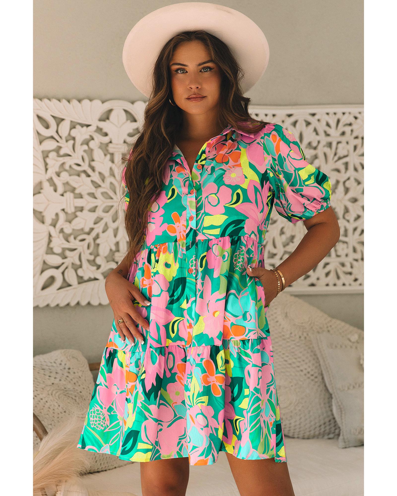 Green Floral Puff Sleeve Collar Buttoned Babydoll Dress - S 3