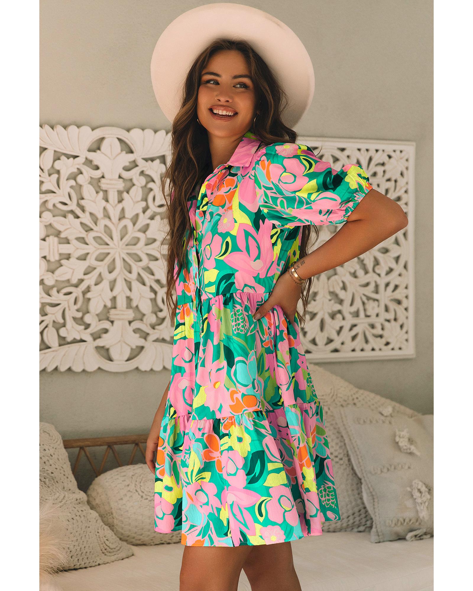 Green Floral Puff Sleeve Collar Buttoned Babydoll Dress - S 4