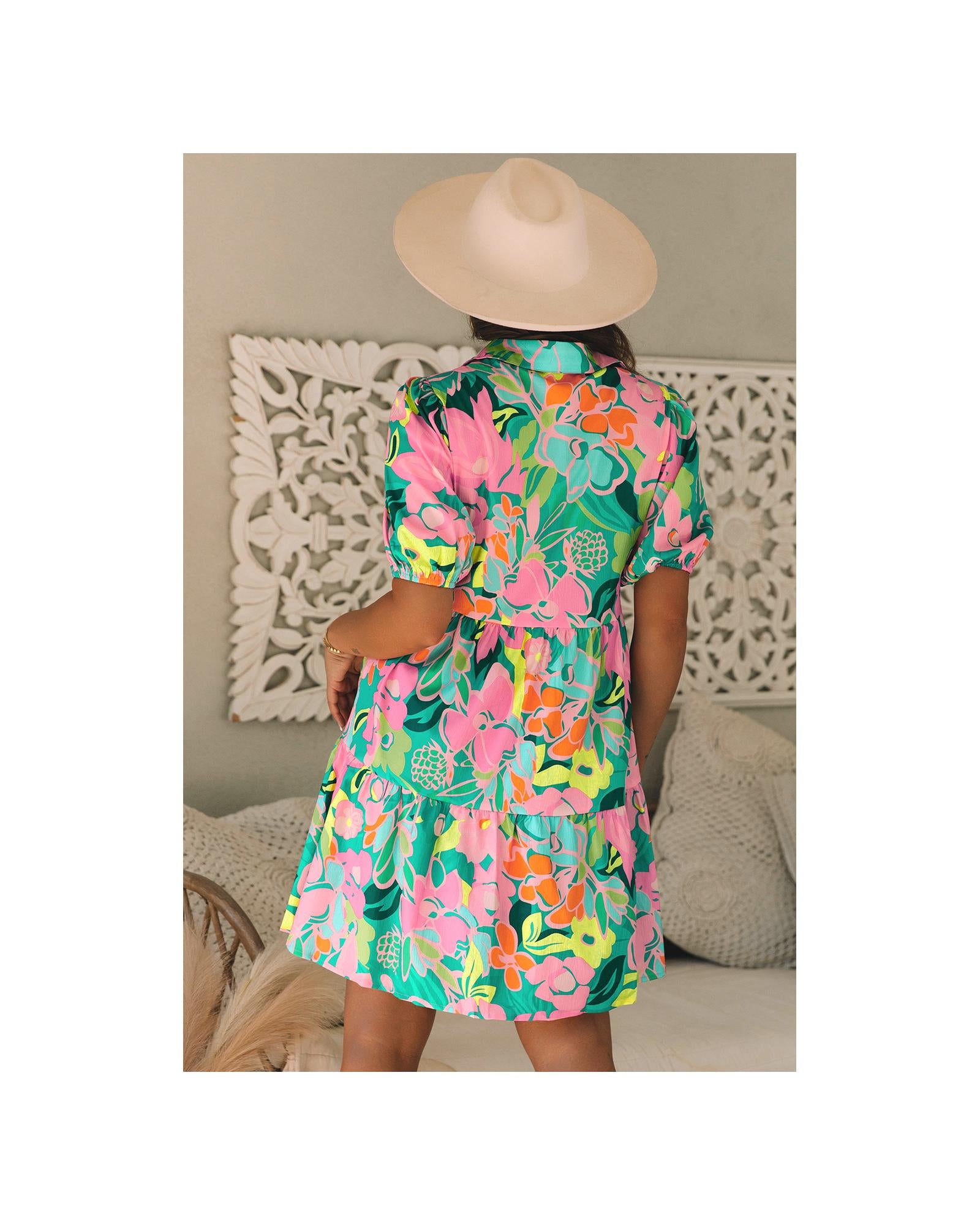 Green Floral Puff Sleeve Collar Buttoned Babydoll Dress - XL