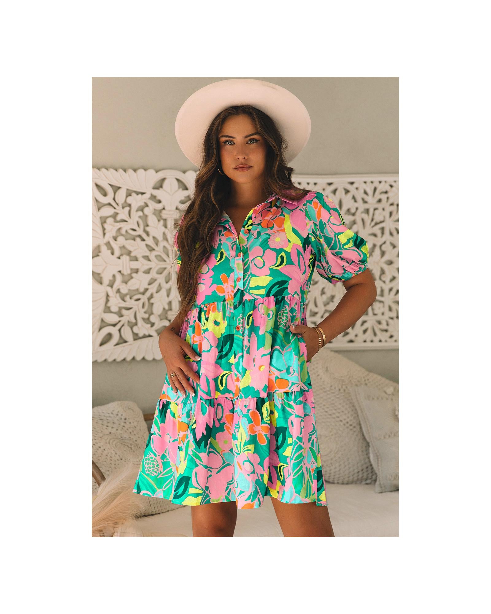 Green Floral Puff Sleeve Collar Buttoned Babydoll Dress - XL 3