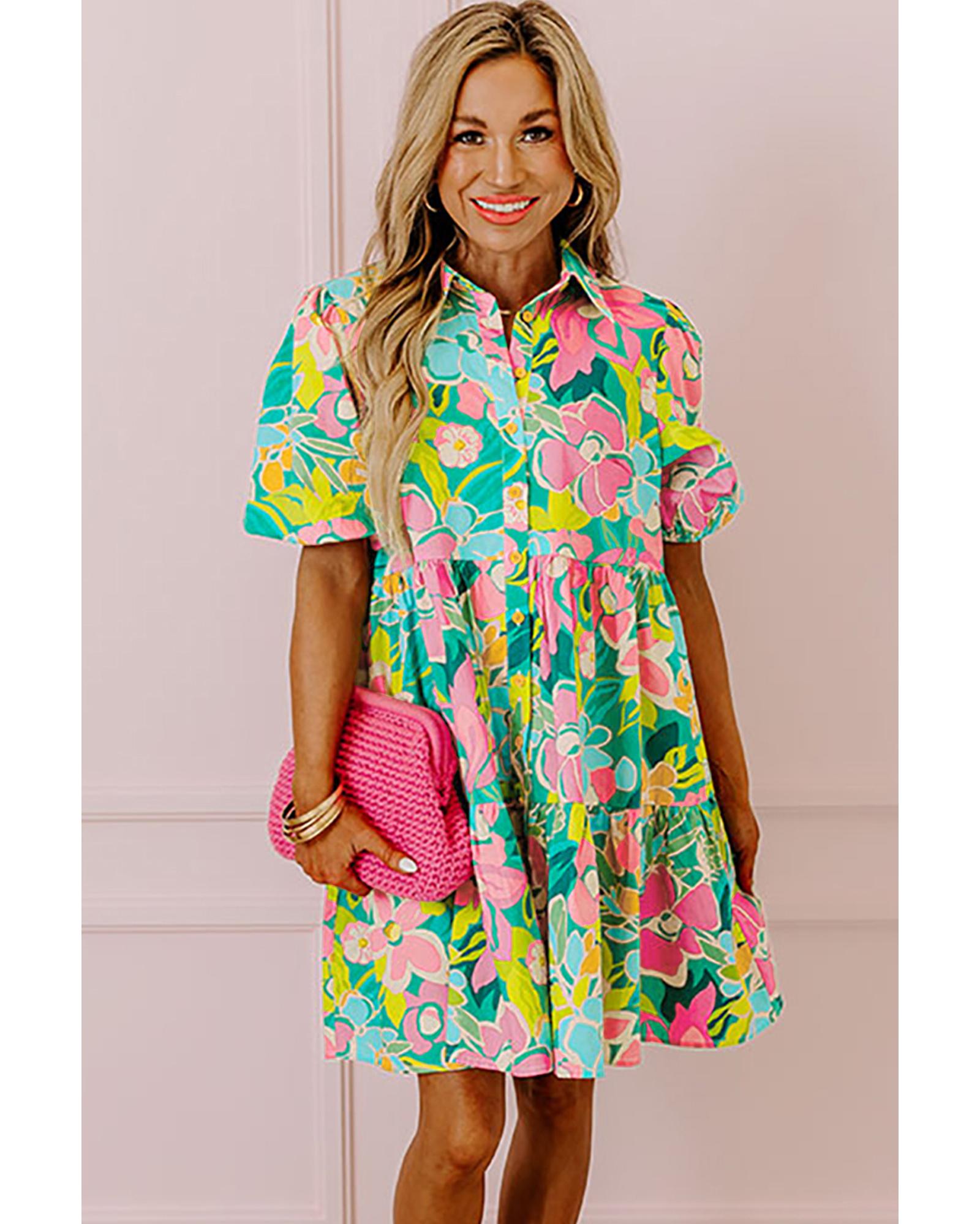 Green Floral Puff Sleeve Collar Buttoned Babydoll Dress - XL 7