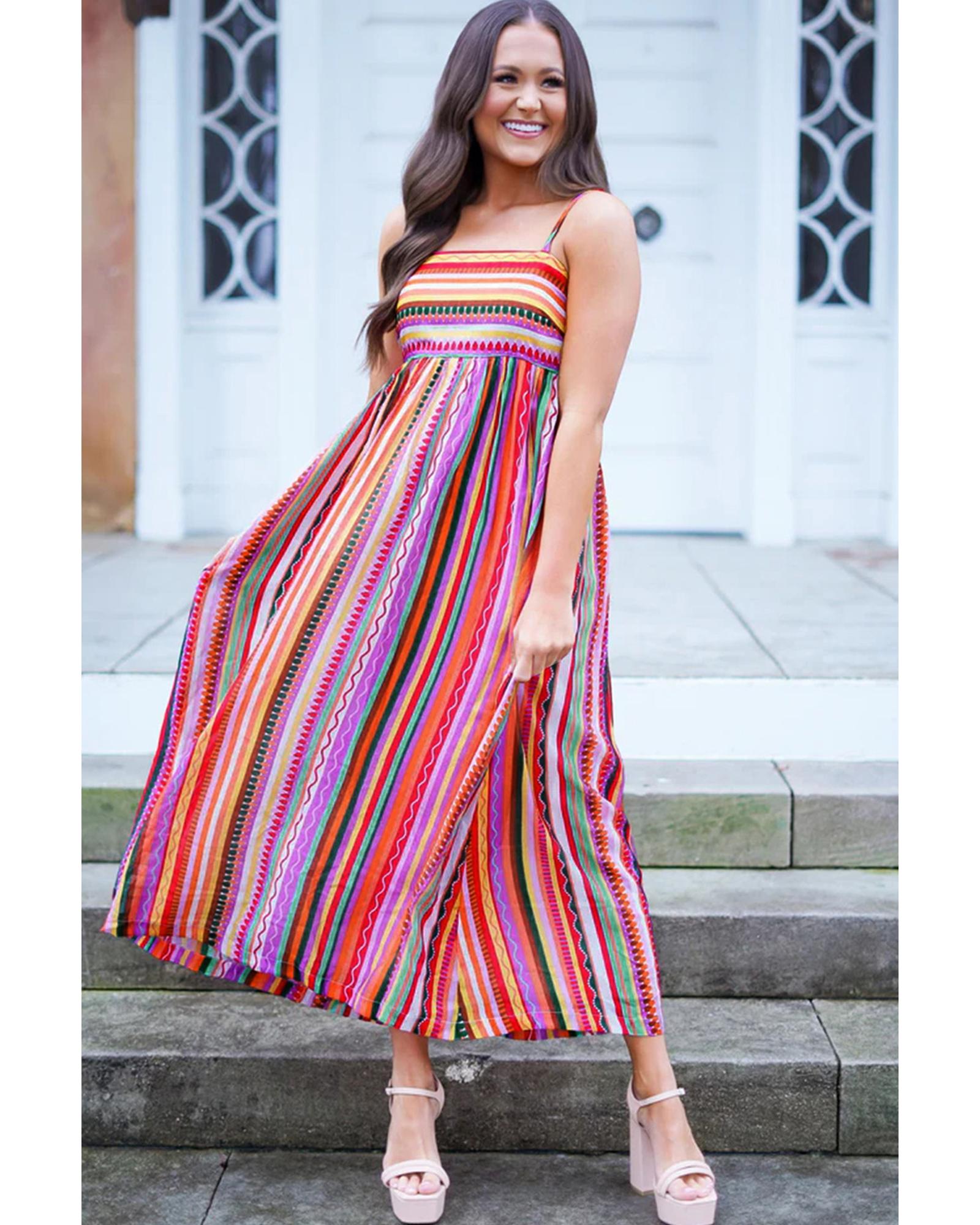 Multicolour Striped Thin Straps Smocked Back Boho Maxi Dress - L 3